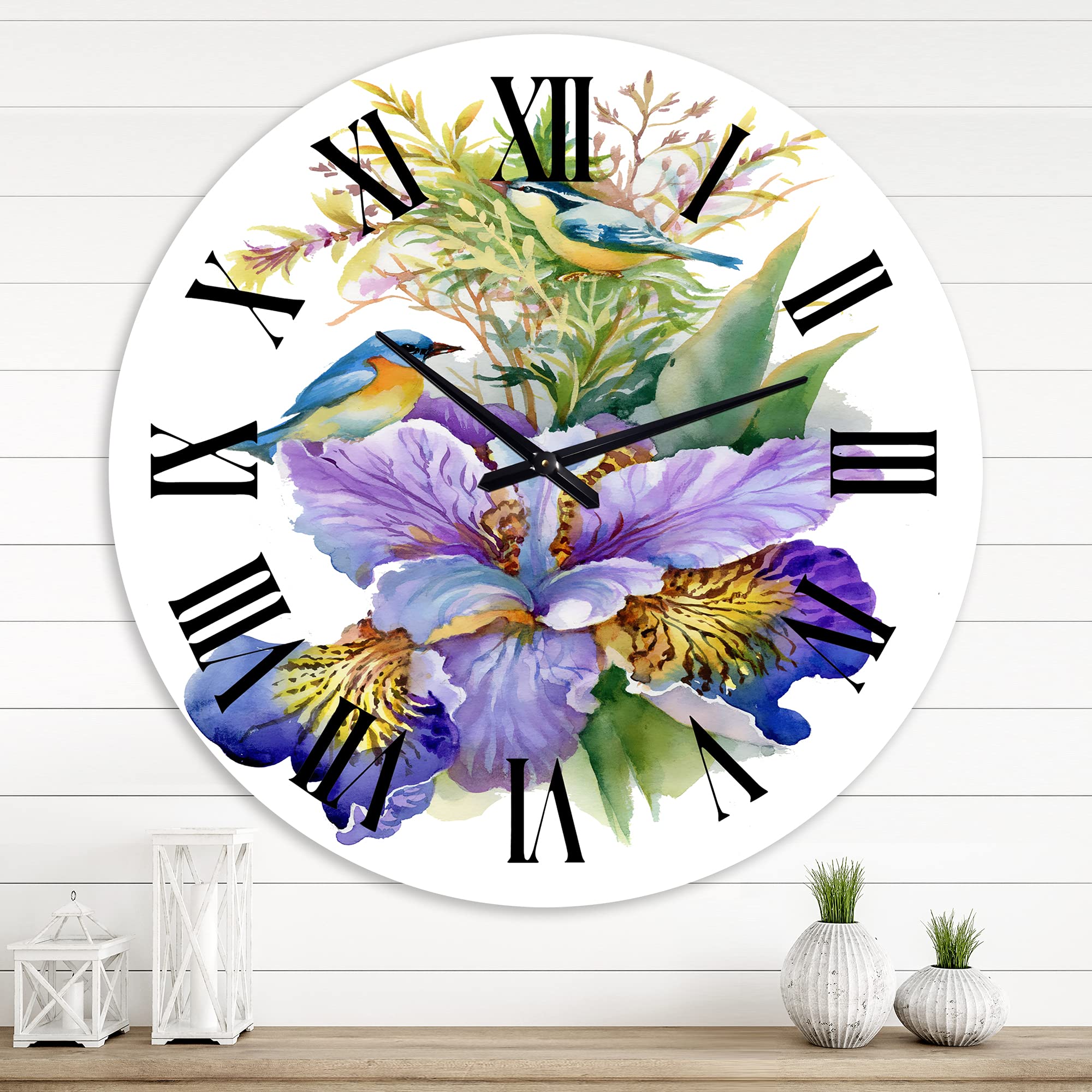Large Purple Iris with Birds Wall Clock - Floral & Botanical Decor for Living Room, Bedroom, Office | Silent Non-Ticking Modern Home Décor