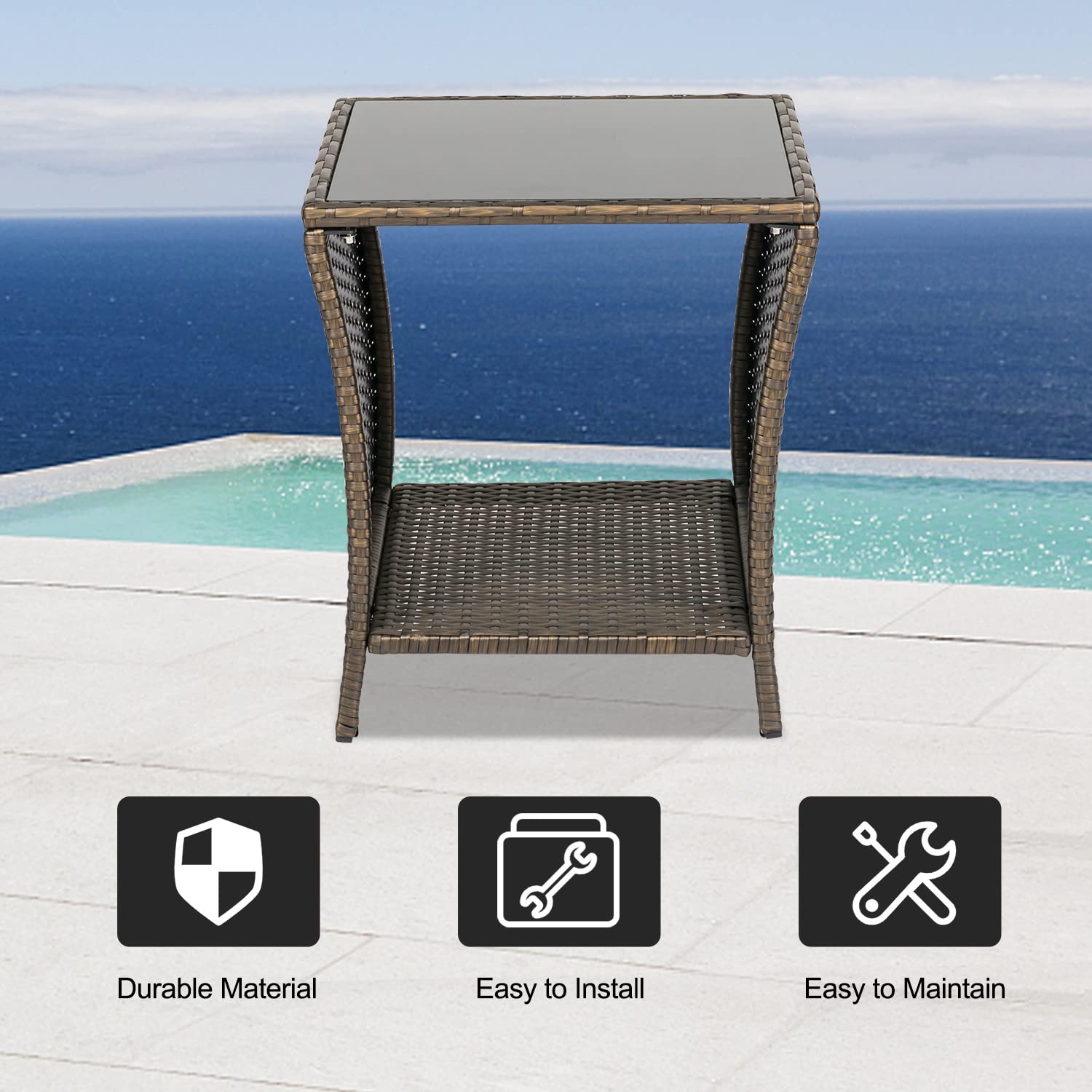 Kinbor Outdoor Side Table Set of 2 - Wicker Patio Side Tables with Storage Shelf & Tempered Glass Top for Easy Cleaning, Dark Blonde - Perfect for Poolside, Garden, Patio, and Balcony Furniture