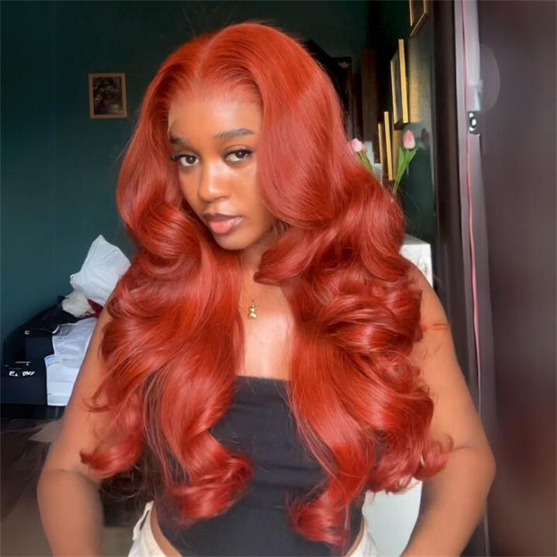 Eullair Reddish Copper Orange Body Wave Human Hair Wig - Glueless Lace Frontal Wig with Flame Colored Highlights for Women | Perfect for Cosplay, Halloween, and Daily Fashion Styling