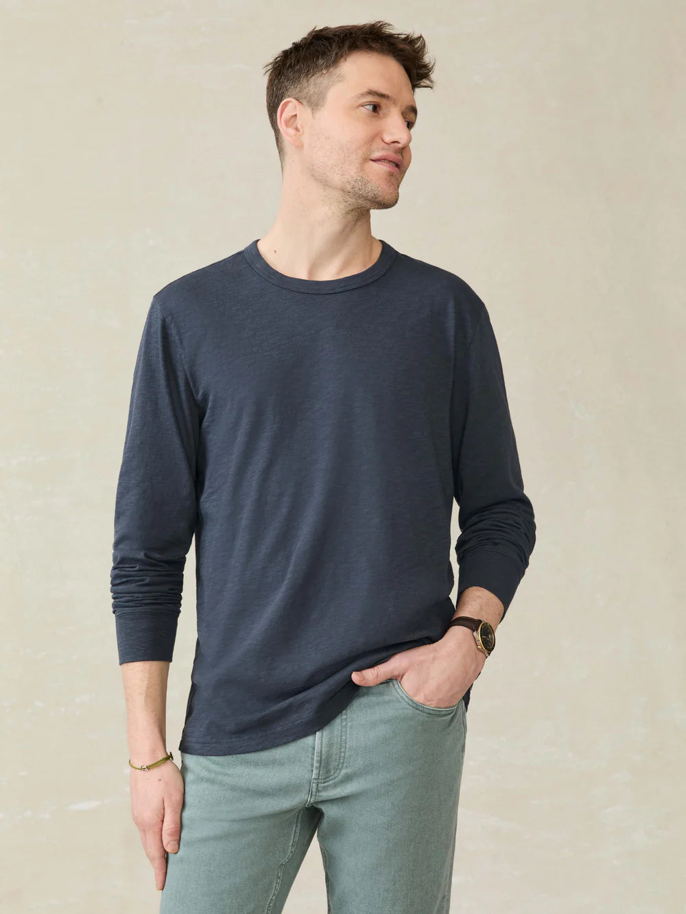 Faherty Sunwashed Long Sleeve T-Shirt for Men | Soft Cotton Casual Shirt in Dune Navy | Perfect for Beach, Travel & Everyday Wear
