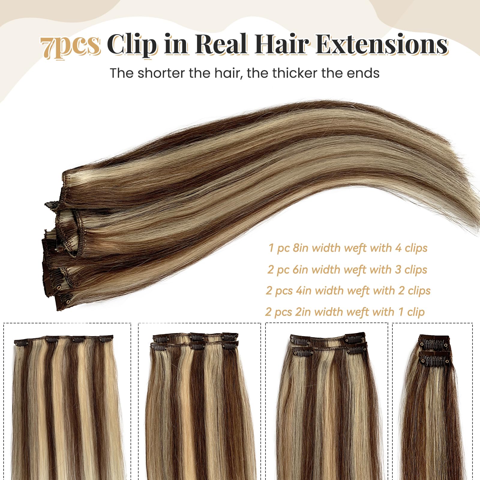 Remy Clip-in Human Hair Extensions 22 Inch - Medium Brown Mix with Bleach Blonde Highlights, 70g 7pcs Double Weft Straight Hair Extensions for Volume & Length | Perfect for Parties, Weddings & Daily Styling