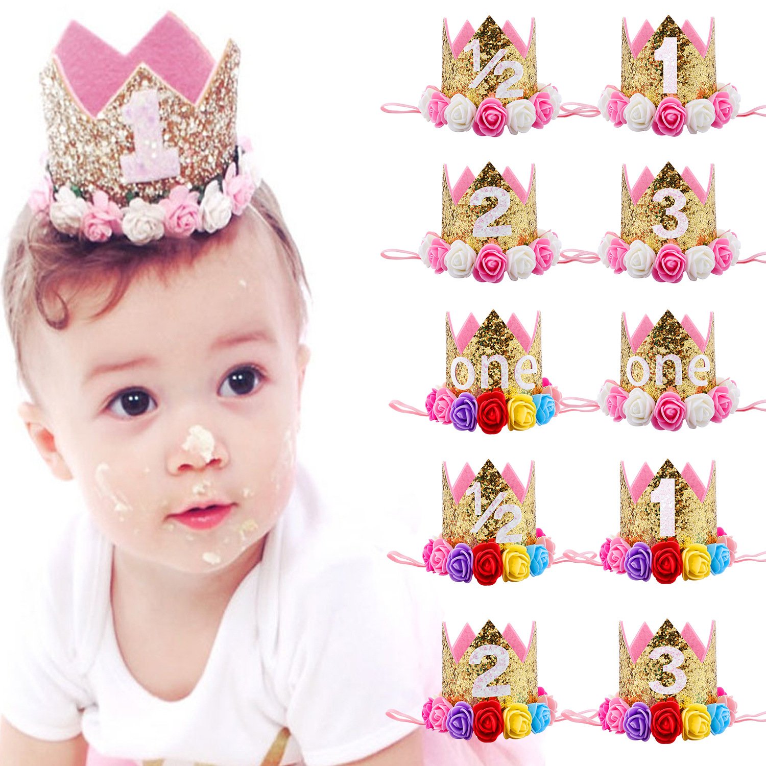 Tvoip Baby Princess Tiara Crown Set - Sparkling Gold Flower Headband with Artificial Roses for Girls' First Birthday Party, Photo Shoot & Dress Up (3-Pack Golden Crowns) - Perfect for Birthday Celebrations, Pageants & Princess-Themed Events