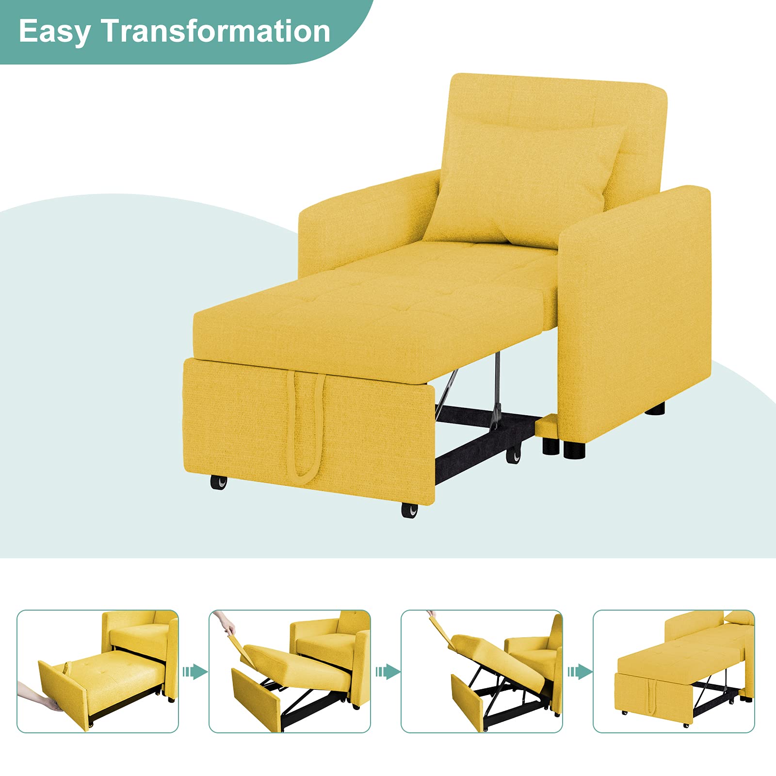 Merax 3-in-1 Convertible Chair Bed - Adjustable Backrest Sofa, Lounger & Single Sleeper Bed with Pillow | Modern Space-Saving Furniture for Small Apartments, Guest Rooms & Home Offices