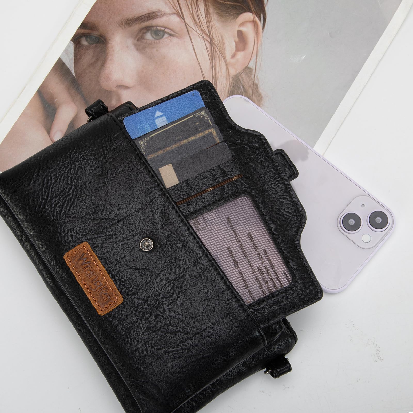 Wrangler Women's Distressed Crossbody Purse - Multi-Function Card Holder Wallet with Double Zipper - Perfect for Travel, Shopping & Everyday Use