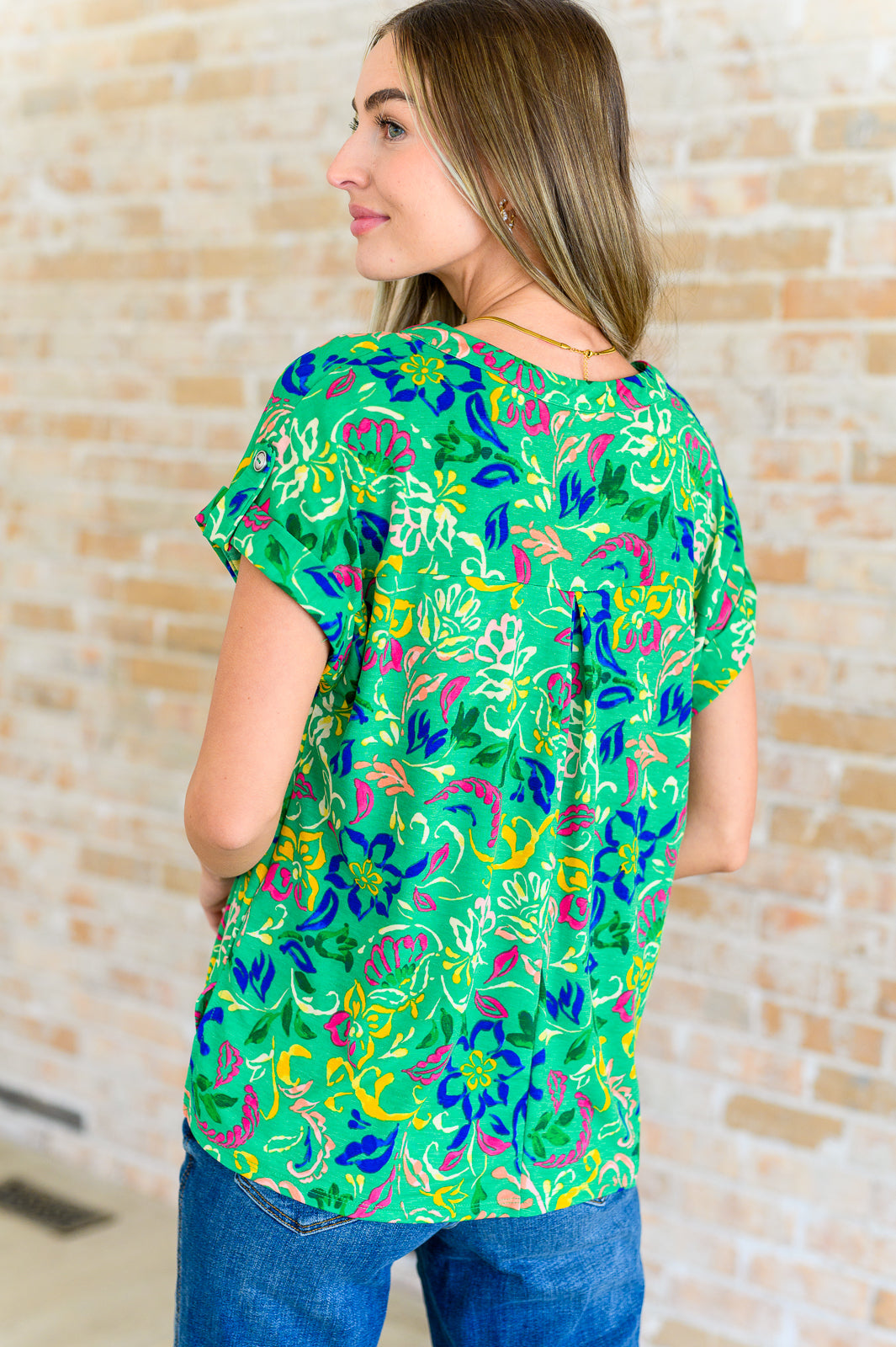 Lizzy Cap Sleeve Floral Blouse - Green & Royal Blue Watercolor Print Women's Tops | Casual Wear, Office Outfits & Summer Fashion
