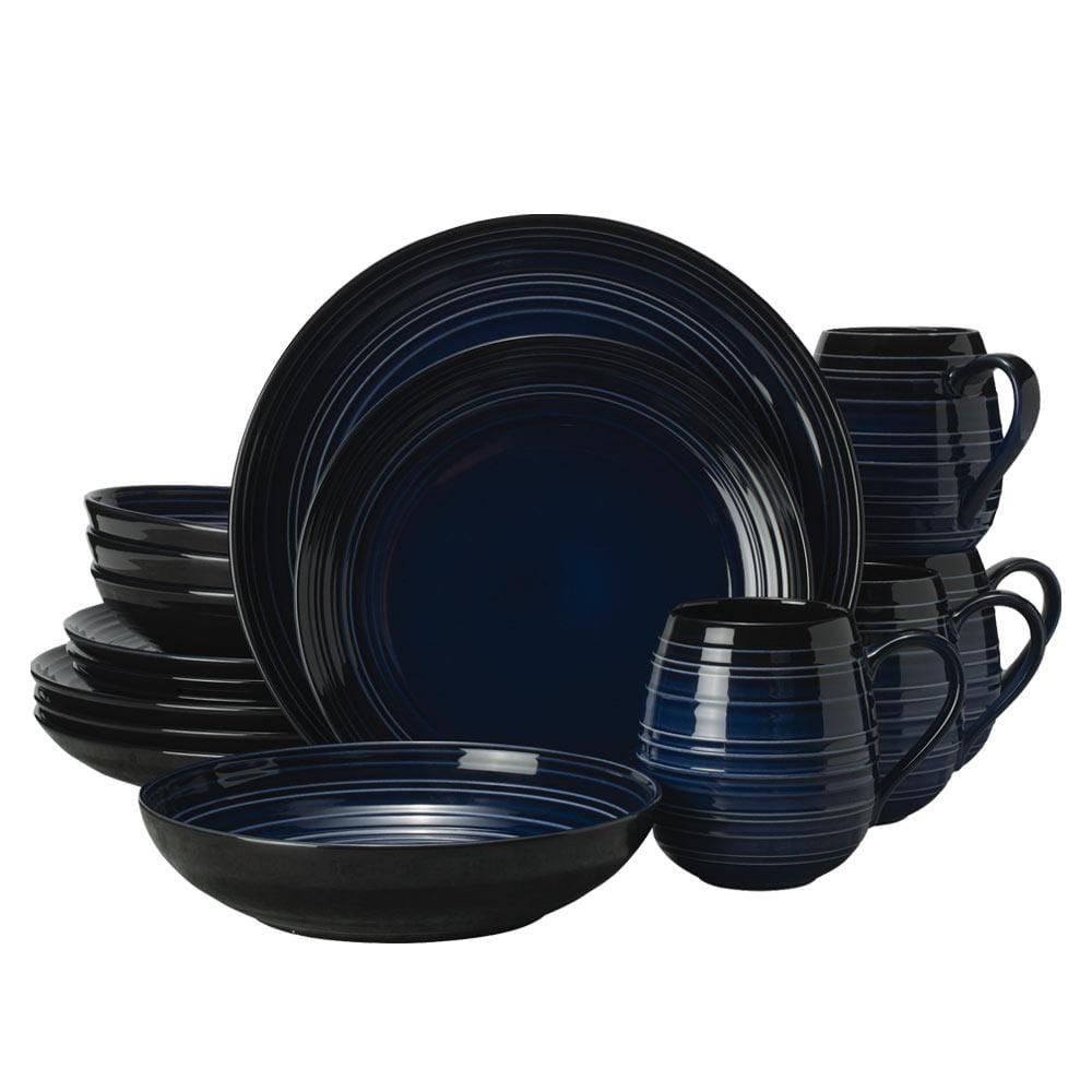 Swirl Black Coupe with Cobalt Ombre Accent 16-Piece Dinnerware Set - Service for 4 - Elegant Tableware for Modern Dining, Dinner Parties & Home Decor
