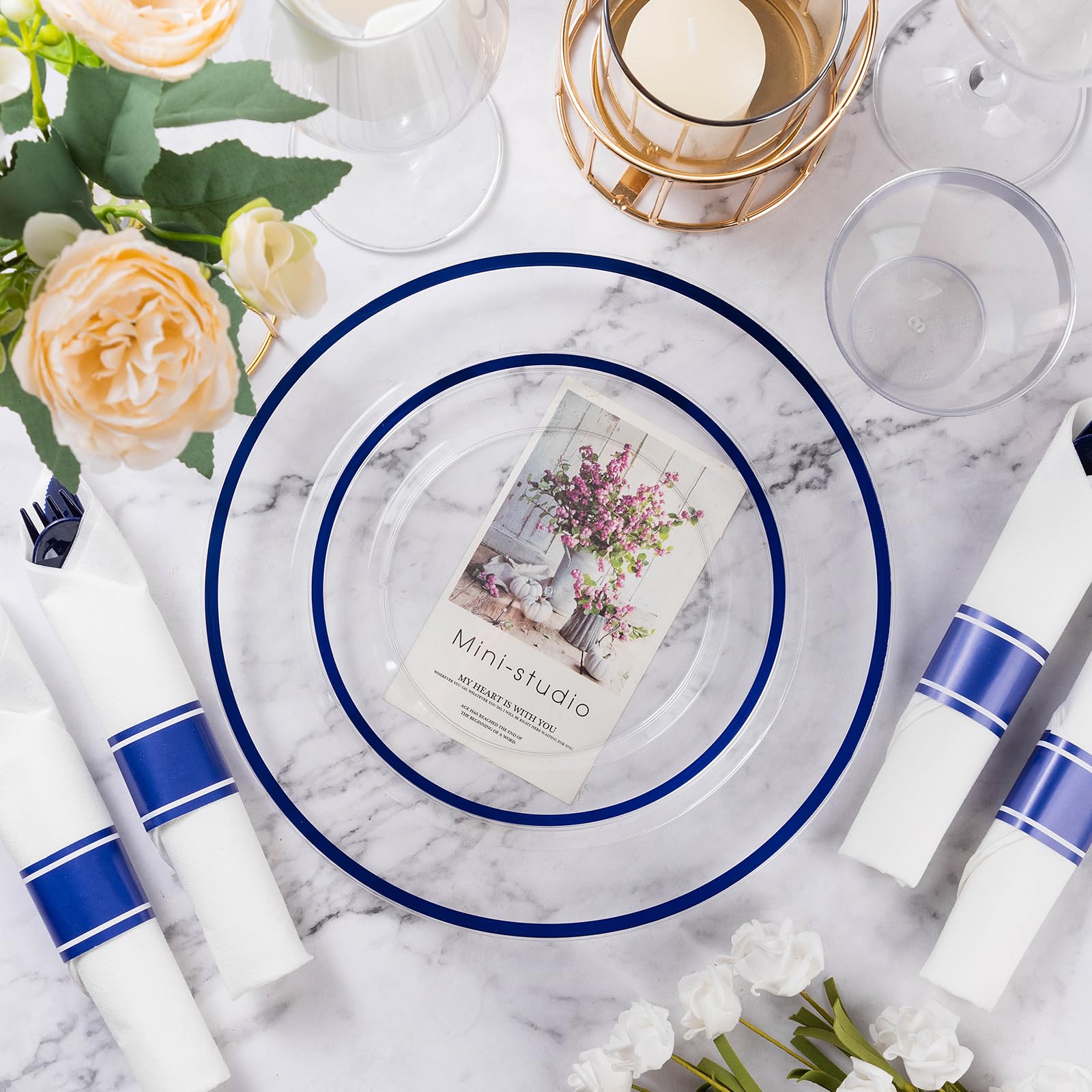 Goodluck 350-Piece Dark Blue Plastic Dinnerware Set for Party - Disposable Plates, Cups & Cutlery for 50 Guests (50 Dinner Plates, 50 Dessert Plates, 50 Napkins, 50 Cups) - Perfect for Birthday Parties, Weddings, Picnics & Events