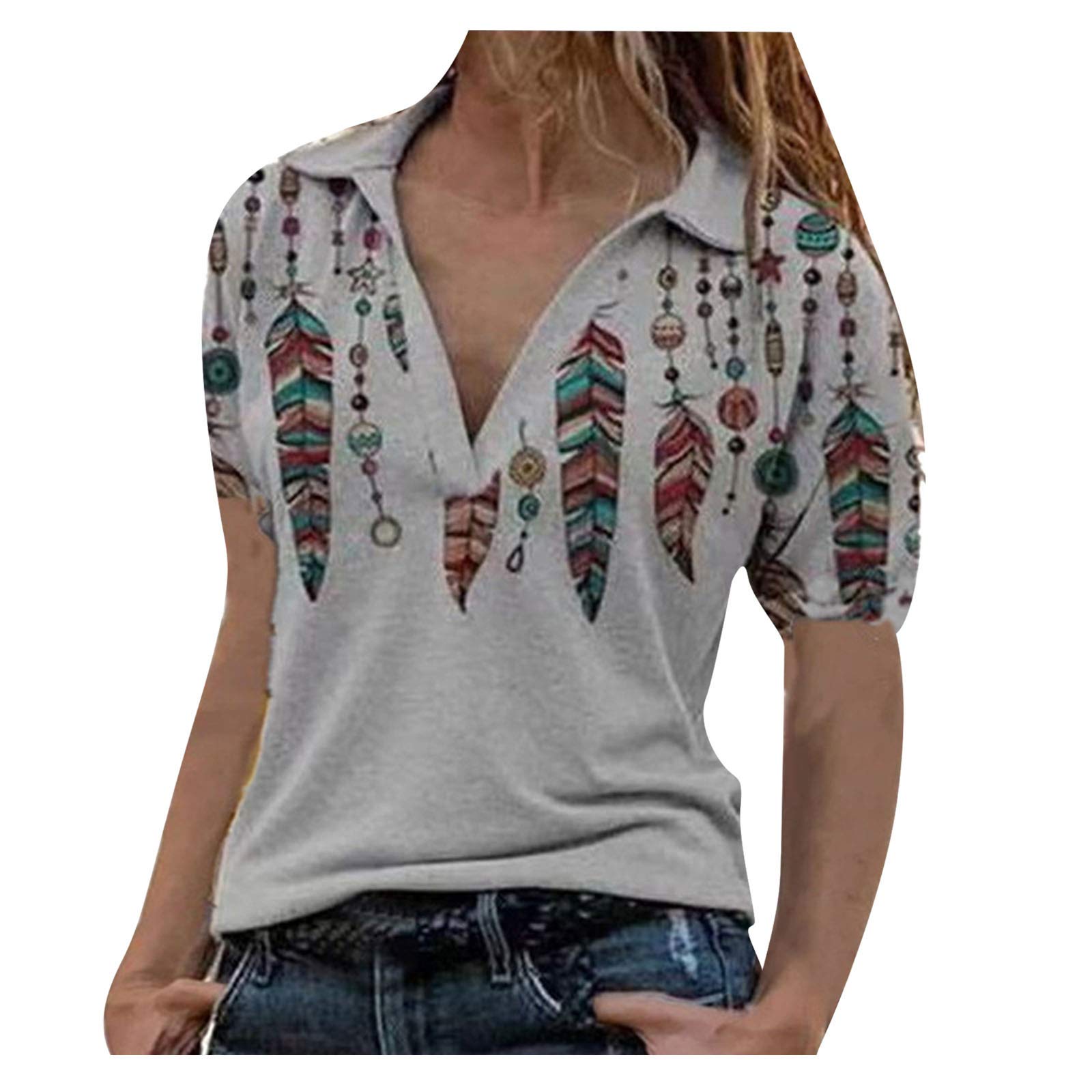 Women's Casual V-Neck Collared Short Sleeve Retro Printed T-Shirt - Loose Fit Tunic Top for Summer - Plus Size Blouse for Everyday Wear & Outfits