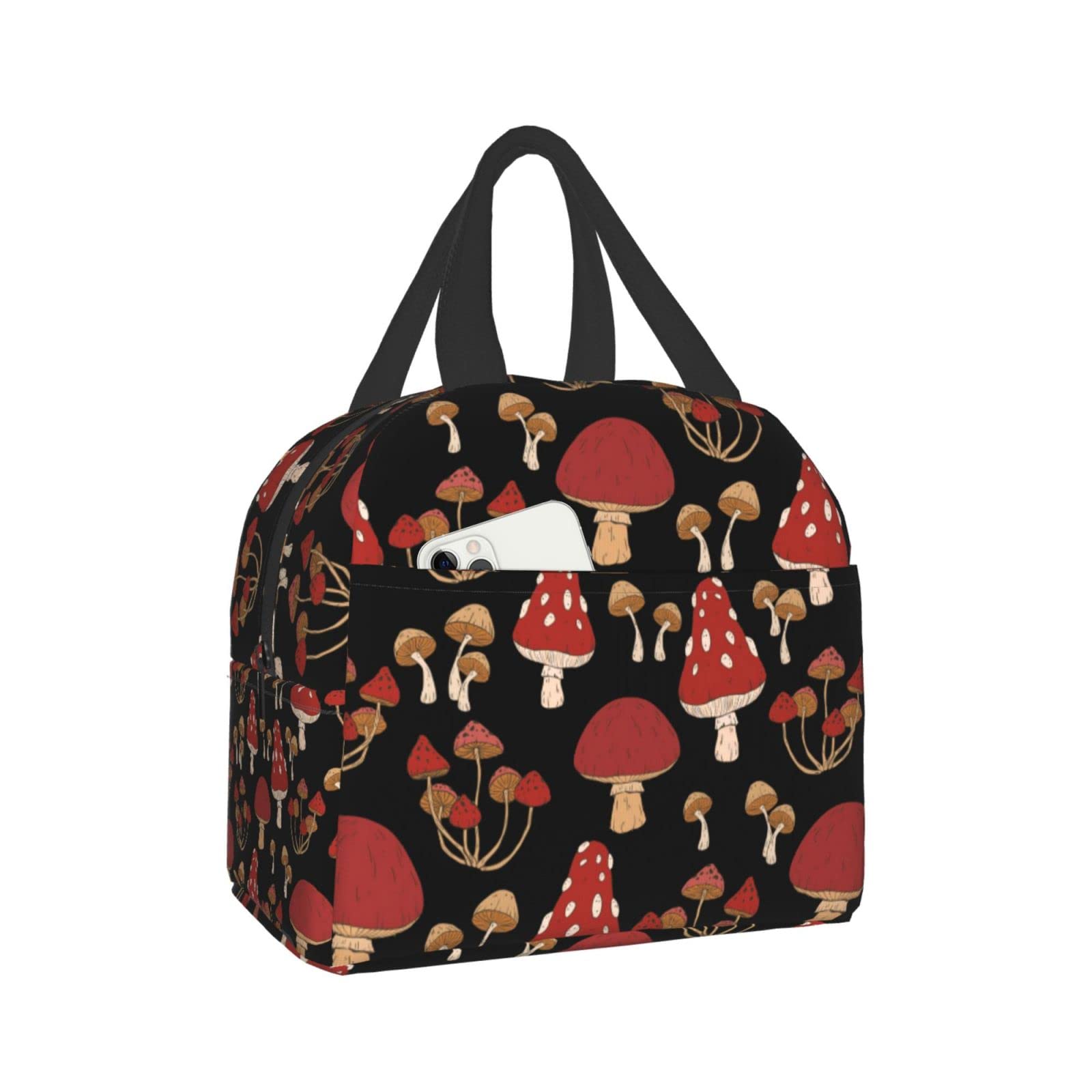 Insulated Lunch Box with Red Mushrooms Print - Reusable & Portable Meal Container for Men & Women - Perfect for Work, Travel, Picnic & Outdoor Activities