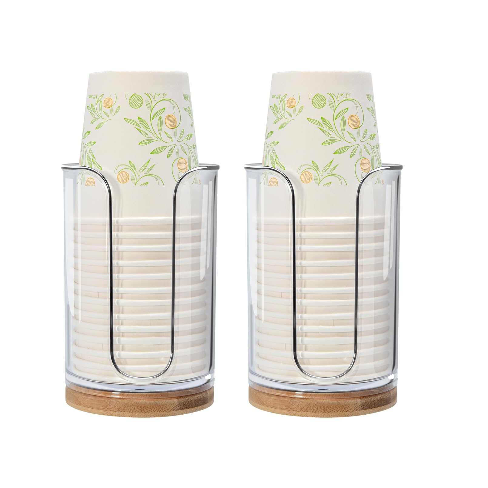 Large Bathroom Cup Dispenser - 2 Pack PC Plastic & Bamboo Holder for Dixie 3oz 5oz 6oz Mouthwash Cups | Vanity Countertop Organizer for Bathroom, Kitchen & Dining Room (Transparent) | Perfect for Home, Office & Travel Use