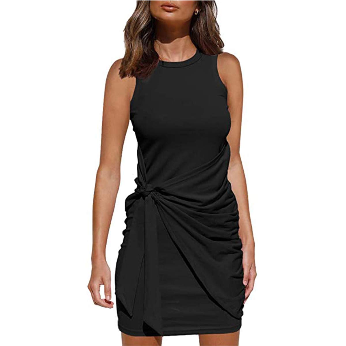 YIMISHION Women's Sleeveless Crew Neck T-Shirt Dress - Solid Color Tie Waist Ruched Bodycon Mini Tunic Dress for Casual Wear, Summer Outfits & Beach Cover Up