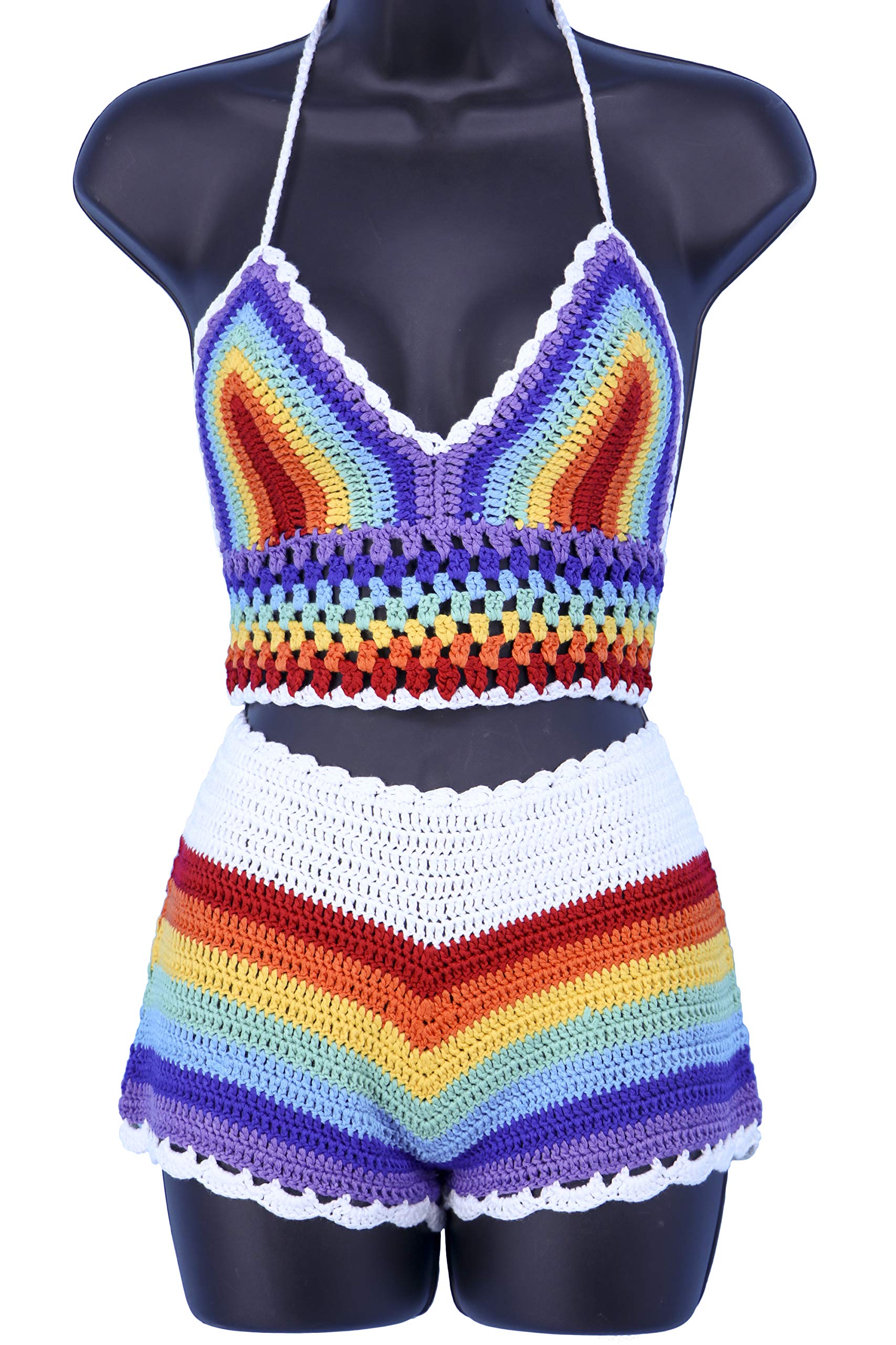 Crochet Rainbow Festival Shorts - Boho Hippie Beach Shorts for Women, Handmade Cotton Crochet Shorts - Perfect for Music Festivals, Beach Vacations & Summer Outfits