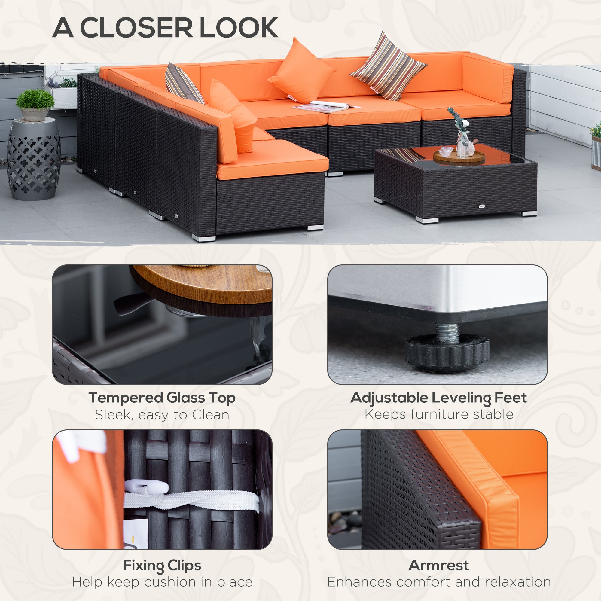 Outsunny 7-Piece Garden Wicker Sectional Patio Set with Coffee Table, Rattan Sofa & Cushions - Outdoor Lounge Furniture for Deck, Backyard, Poolside (Orange)