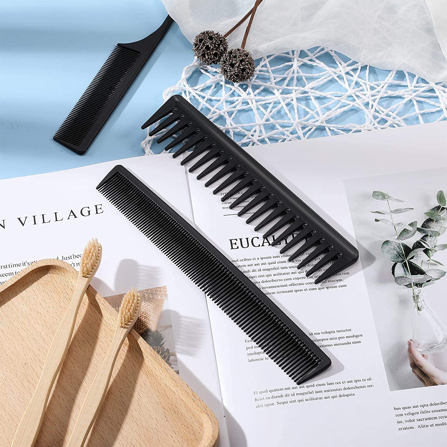 Professional Matte Black Carbon Fiber Hair Comb Set for Men - 3 Pack Barber Salon Styling Comb for Grooming, Beards & Mustaches - Perfect for Home, Salon & Travel Use
