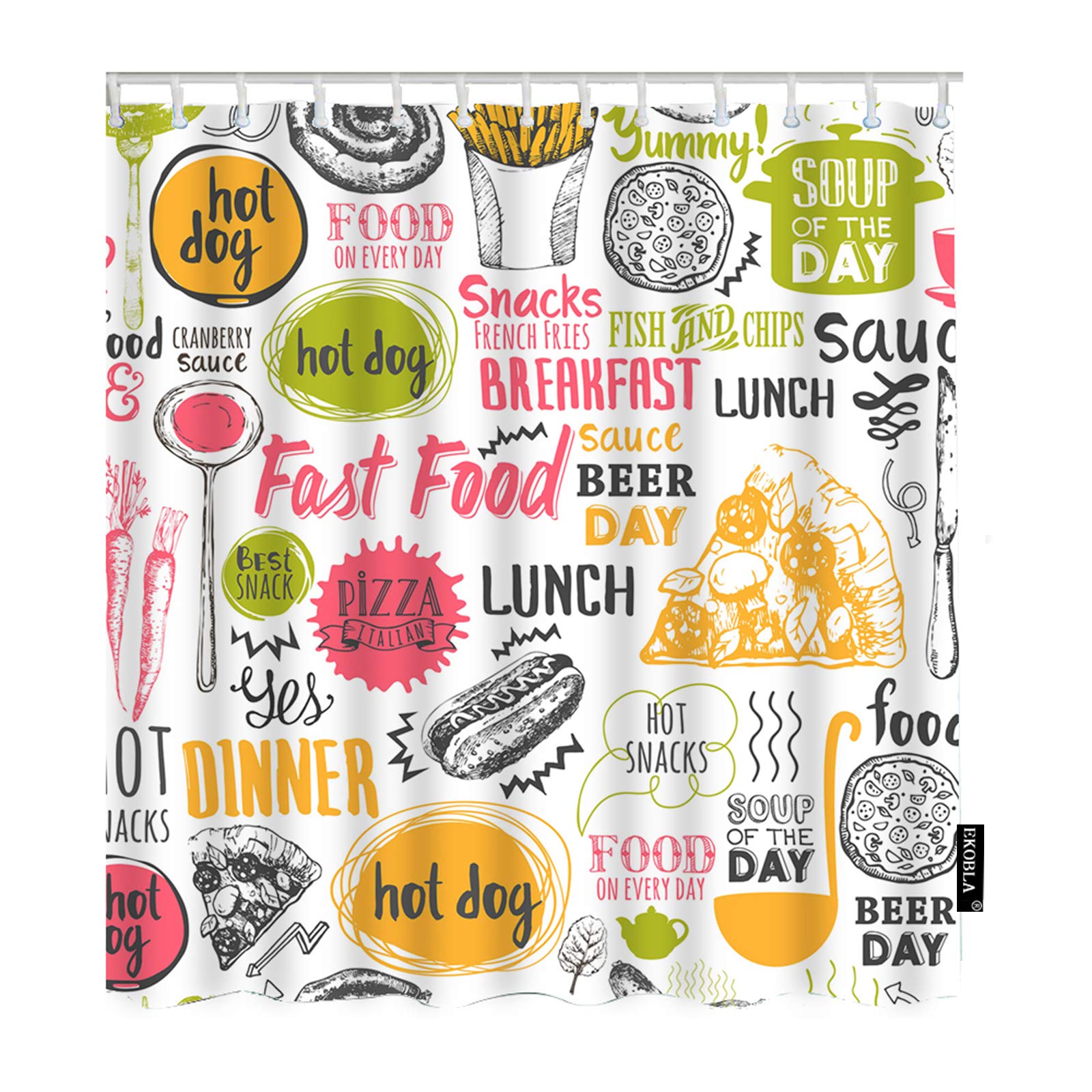 EKOBLA Waterproof Fast Food Themed Shower Curtain - Hot Dog Pizza Beer Soup Sandwich Design for Bathroom Decor (60x72 Inch) | Fun Polyester Shower Curtain for Men, Women, Kids | Perfect for Themed Bathrooms, Dorms & Retro Kitchen Decor