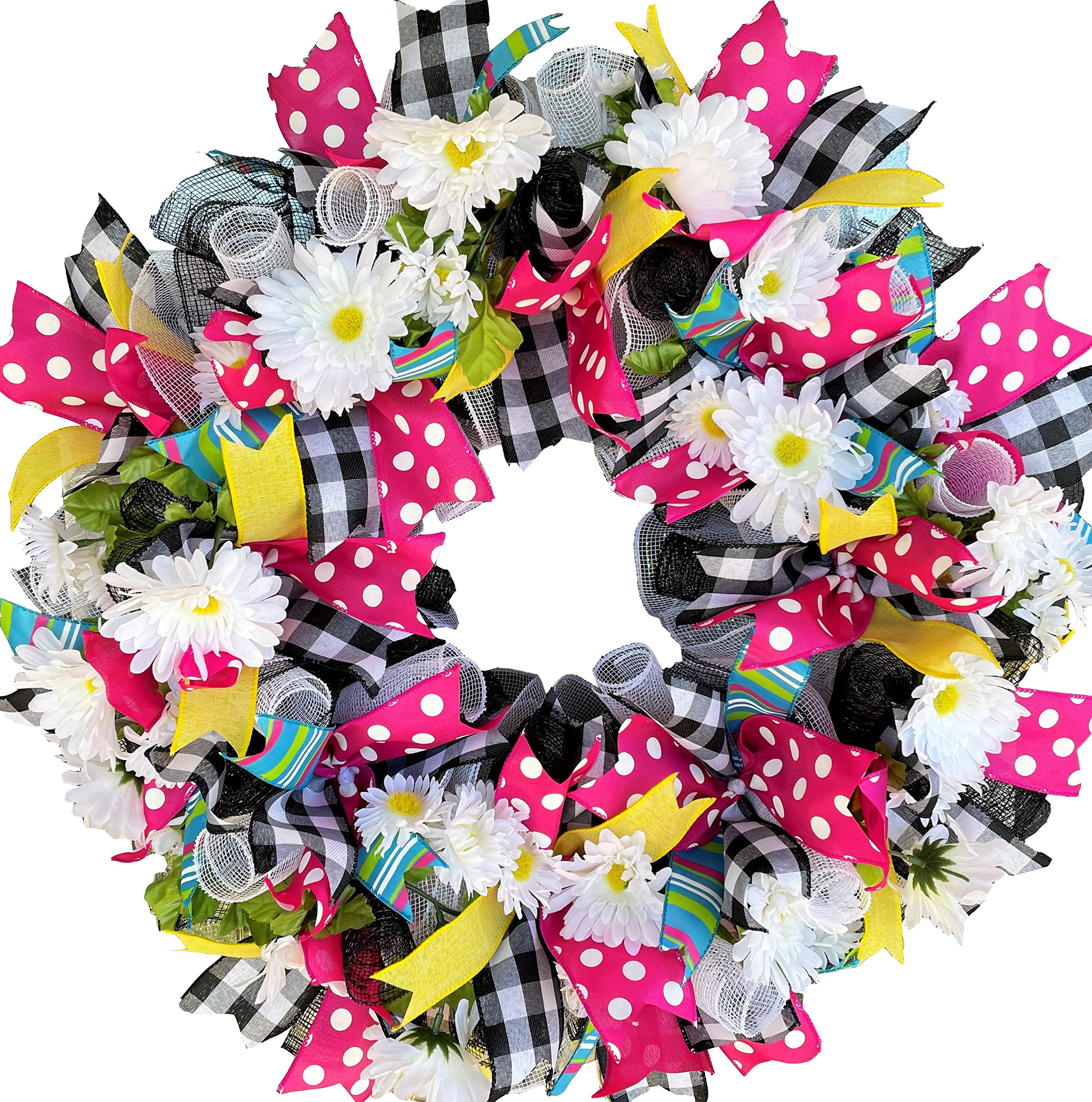 Cheerful & Bright Spring Summer Daisy Polka Dot Deco Mesh Wreath - Floral Home Decor for Front Door, Farmhouse, Wedding & Country Style - Perfect for Seasonal Decorations, Housewarming Gifts & Rustic Weddings