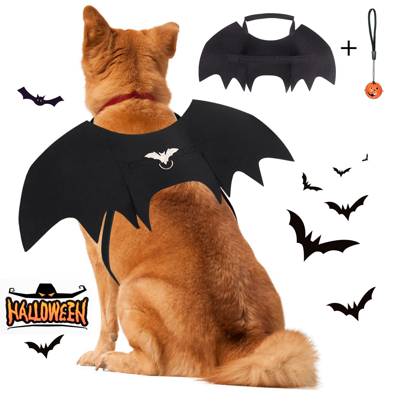 Adjustable Halloween Bat Wings Costume for Medium & Large Dogs - Black Pet Bat Wings with Bell for Cosplay, Party Decoration & Dress-Up | Perfect for Halloween, Pet Parties & Photo Shoots