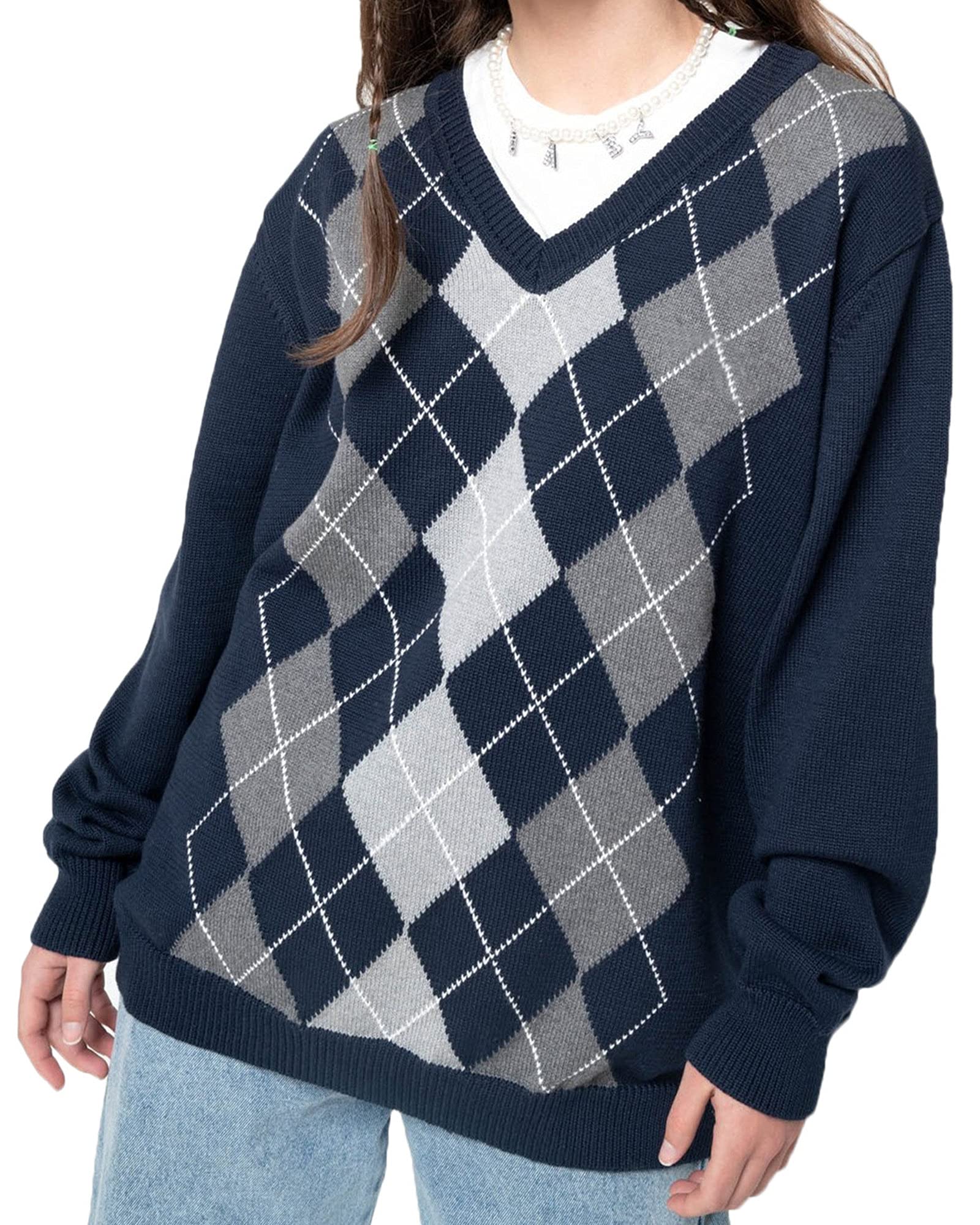Women's Argyle Plaid Sweater Pullover - Long Sleeve Preppy England Style Y2K E-Girl Knit Top for Autumn Winter | Cozy Office Wear & Casual Outfits