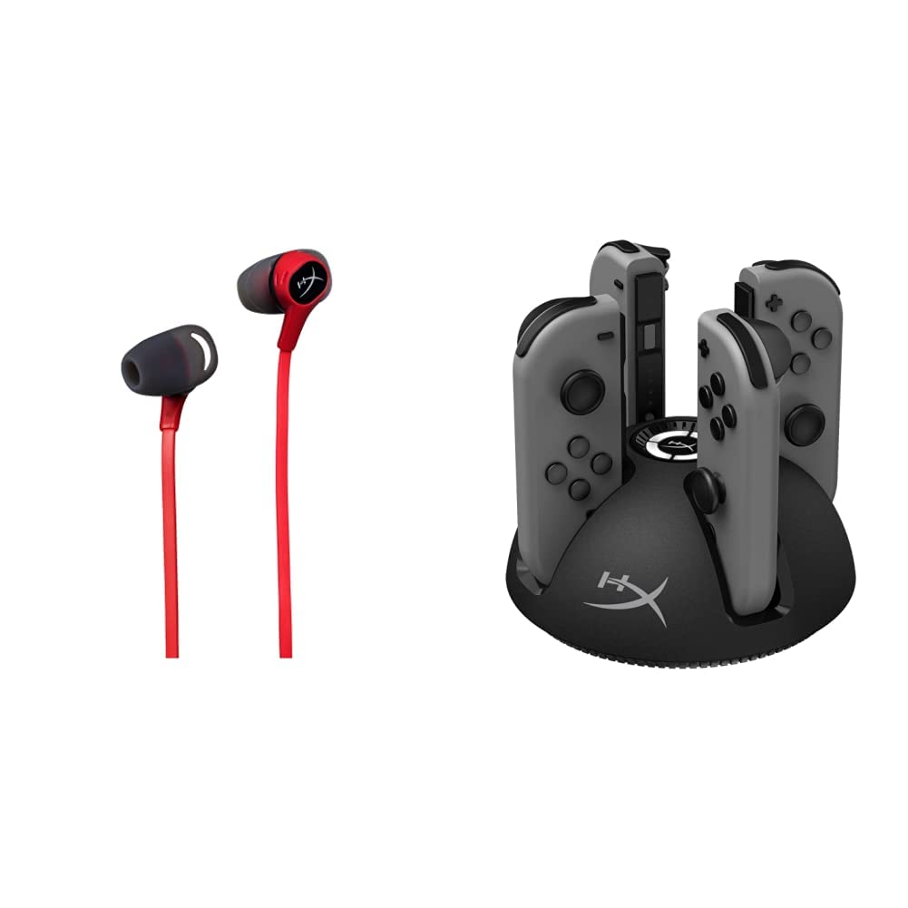 HyperX Cloud Earbuds Gaming Headphones & ChargePlay Quad Joy-Con Charging Station for Nintendo Switch - Wireless Gaming Bundle with LED Indicators for Home & Travel Gaming Setup