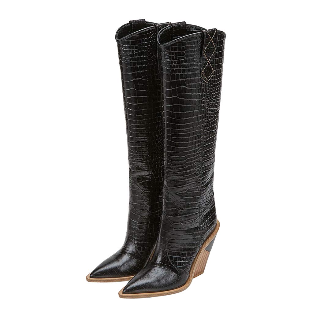 YIYA Women's Cowgirl Knee High Boots with Thick Wedge Heel - Western Cowboy Fashion Dress Boots for Women - Perfect for Rodeo, Country Dancing & Fall Fashion Outfits