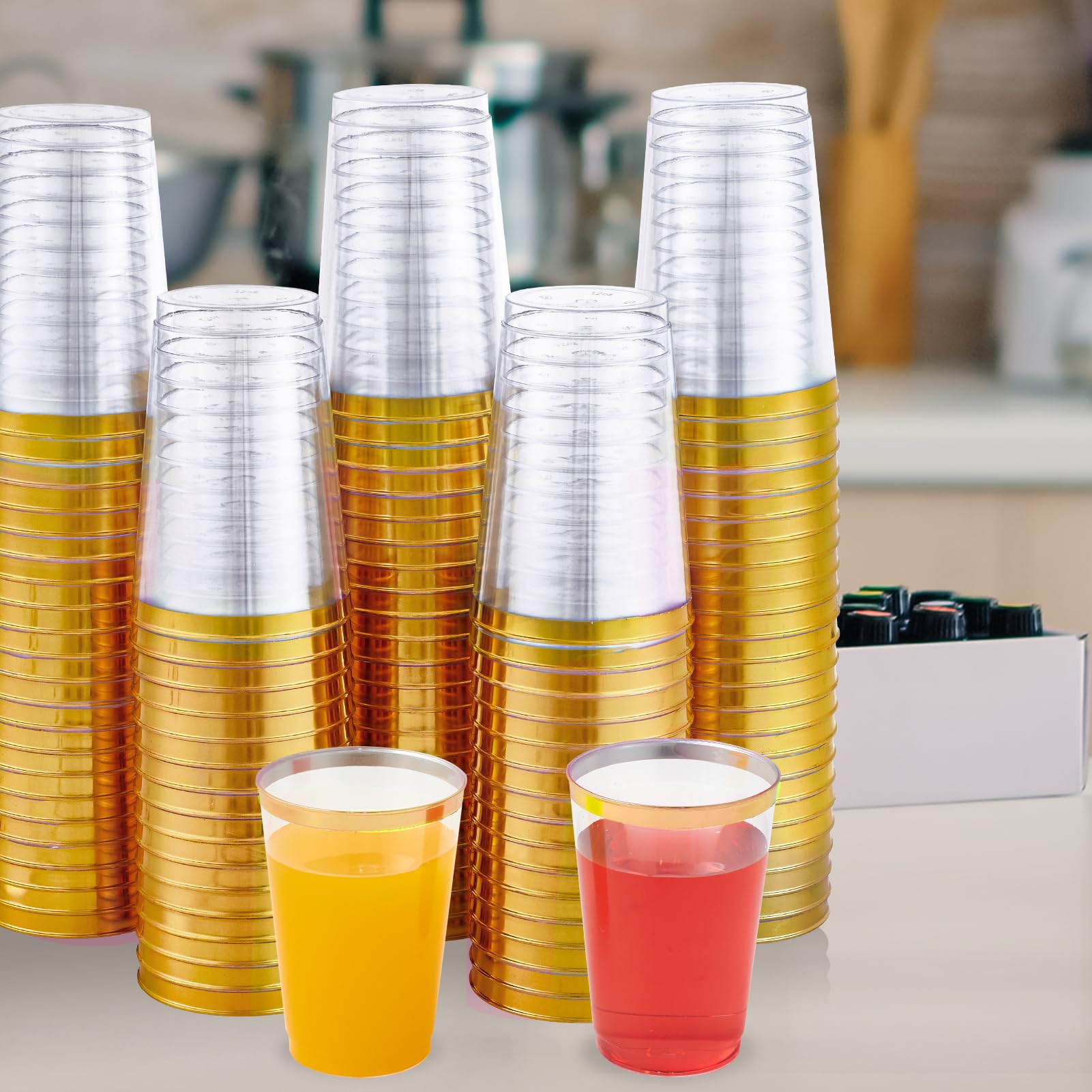 JOLLY CHEF 100-Pack 12oz Clear Plastic Cups with Gold Rim - Elegant Disposable Tumblers for Wedding, Party, Thanksgiving & Christmas - Perfect for Cocktails, Beverages & Celebrations - Ideal for Home Entertaining, Office Events and Holiday Gatherings
