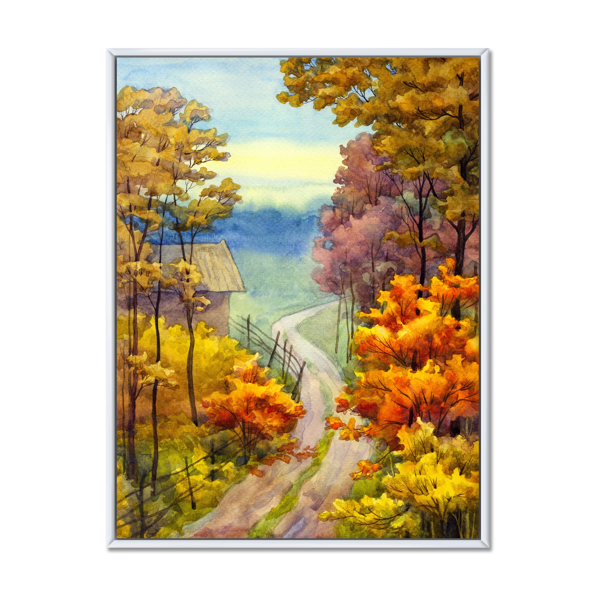 DesignQ Little Road in Vibrant Autumn Scene - Lake House Framed Canvas Wall Art Print for Living Room, Bedroom & Office Decor | Nature Landscape Painting Home Decoration