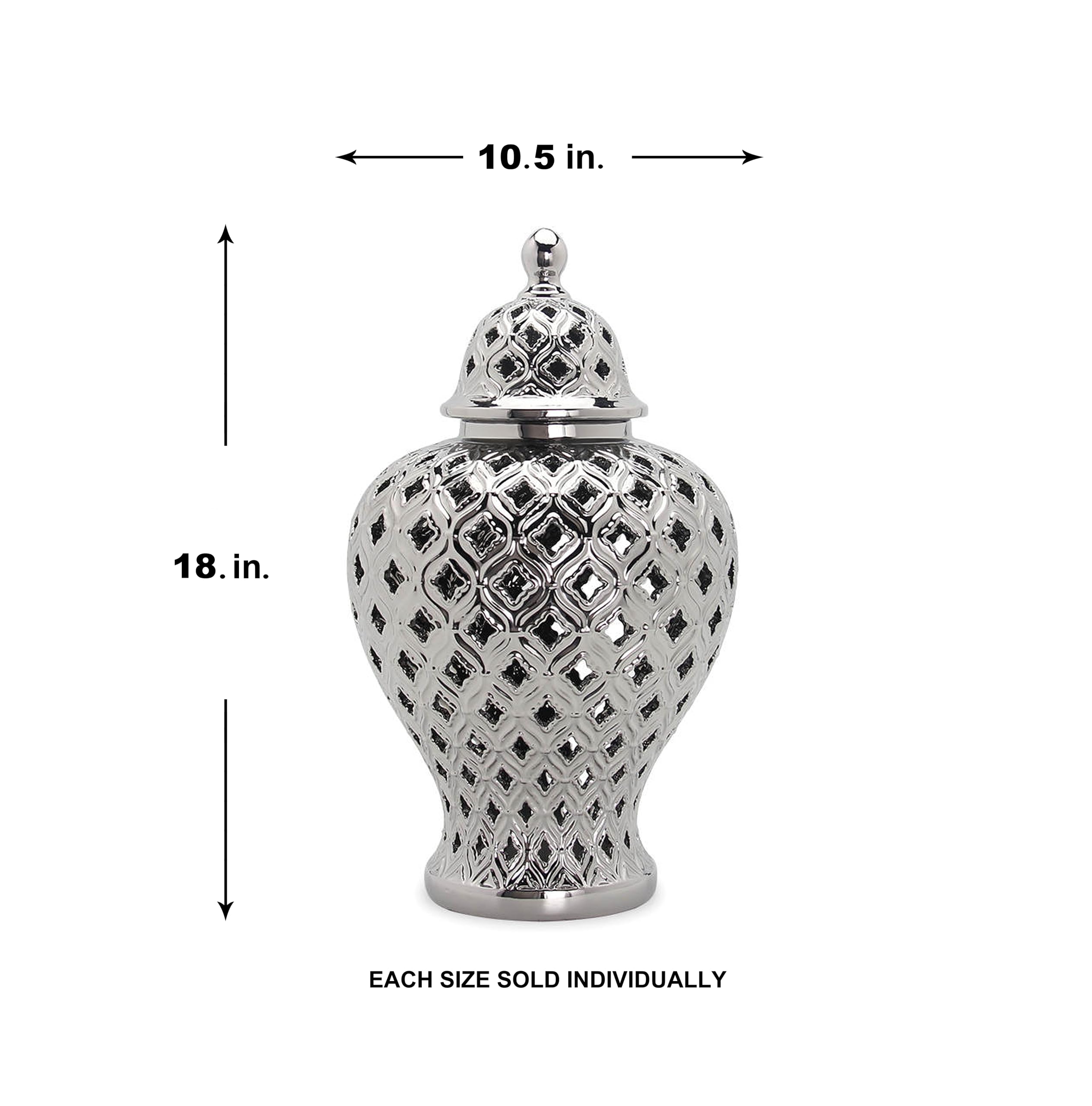 Noori Home - 100% Modern Glam Artisan Ceramic AVA Medium Silver Ginger Jar Urn with Lid 10.5x10.5x18 Inches - Elegant Home Decor for Living Room, Bedroom & Wedding Centerpiece