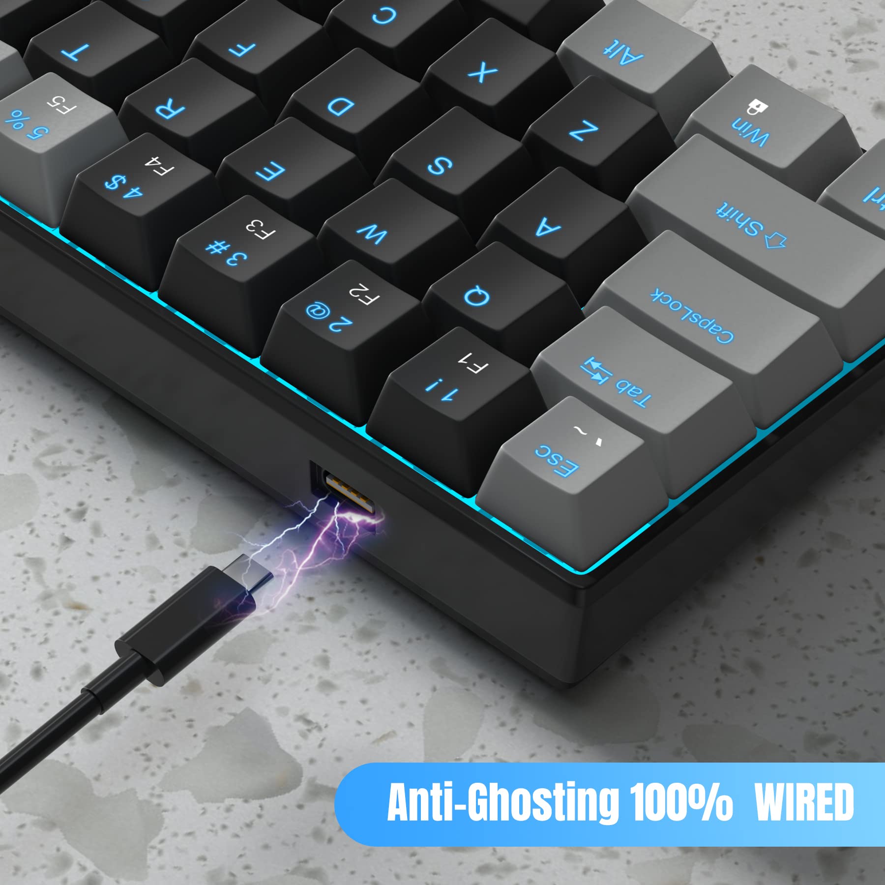 MageGee 60% Compact Mechanical Gaming Keyboard with Red Switches & Sea Blue Backlit - Portable 60 Percent Keyboard for PC Gamers (Grey Black) - Perfect for Esports, Office Work and Travel