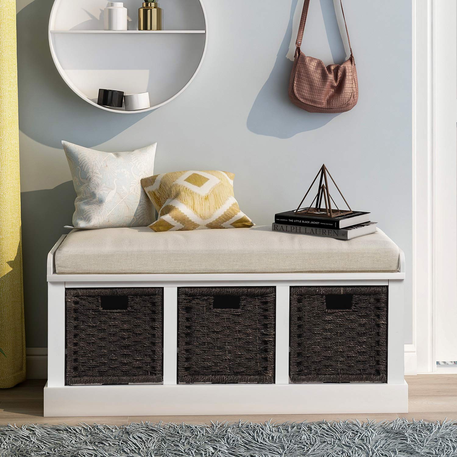 Wicker Storage Bench with 3 Woven Baskets & Removable Cushion - Wooden Entryway Shoe Bench for Hallway, Living Room, Bedroom - White - Perfect for Organizing Shoes, Blankets & Home Decor in Small Spaces