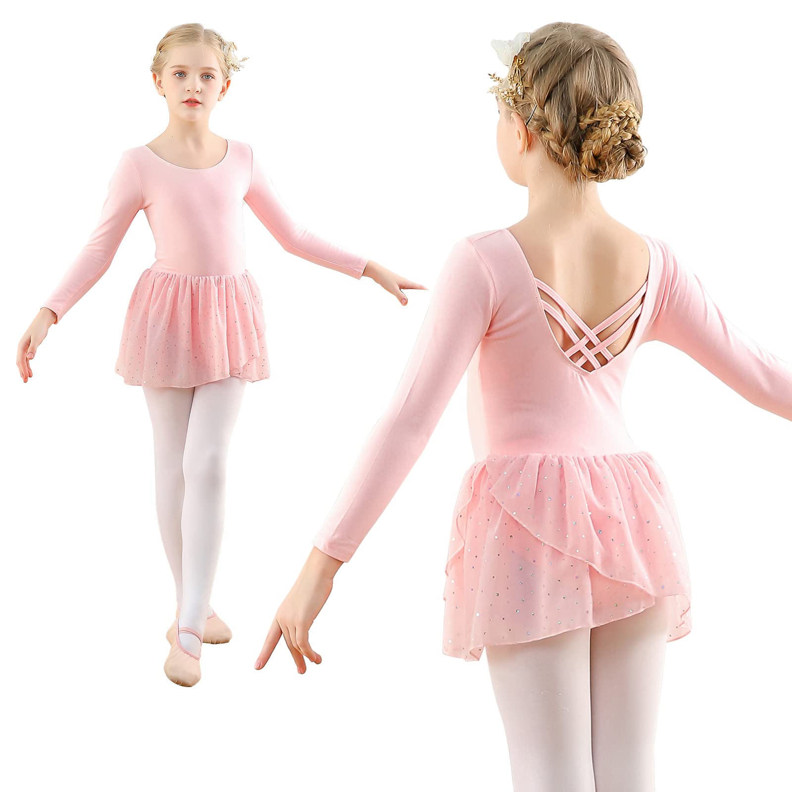 Girls Ballet Leotard with Ruffle Sleeves & Tutu Dress - Long Sleeve Dance Outfit for Ages 3-9 - Perfect for Ballet Class, Recitals & Dance Performances