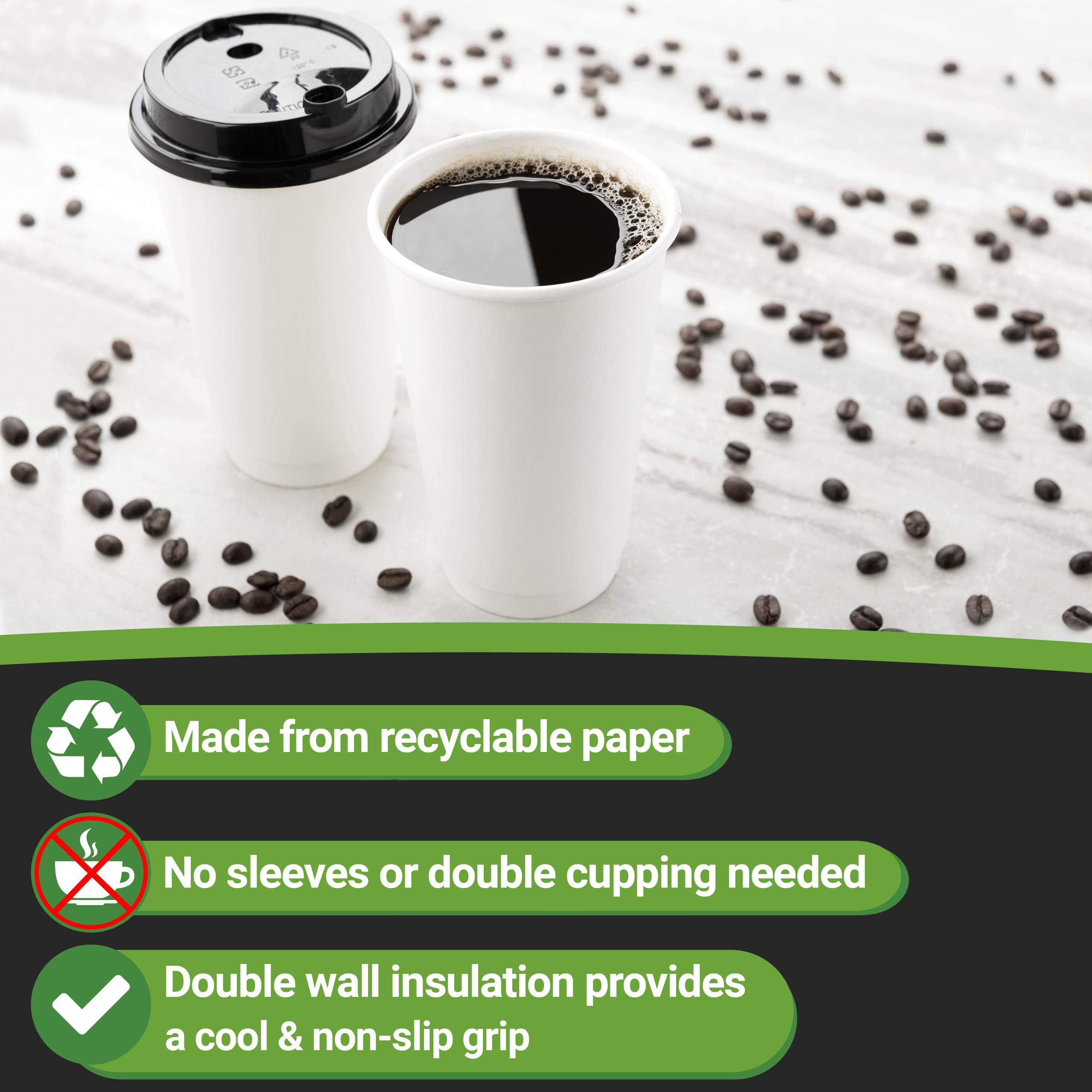 Restaurantware 16oz Disposable Coffee Cups - 500 Pack Double Wall Insulated Hot Cups for Coffee, Tea & Hot Chocolate | White Rippled Paper Cups with Separate Lids | Perfect for Cafes, Offices & Catering Events