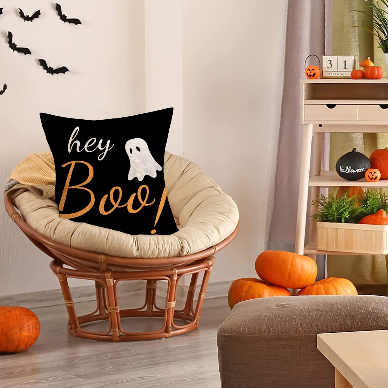 Spooky Halloween Ghost Throw Pillow Covers 18x18 Inch - Orange Black White Cotton Linen Cushion Covers for Scary Home Decor, Perfect for Living Room Sofa, Bedroom & Halloween Party Decorations