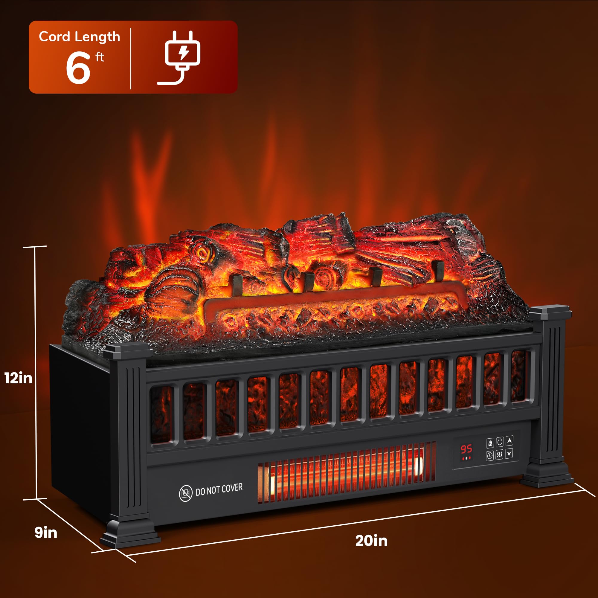 20-Inch Electric Fireplace Logs with Remote Control - Adjustable Flame Colors & Realistic Fake Firewood - 1500W Heater with Overheat Protection, Timer & Thermostat - Perfect for Living Room, Bedroom & Office Warmth (Black)