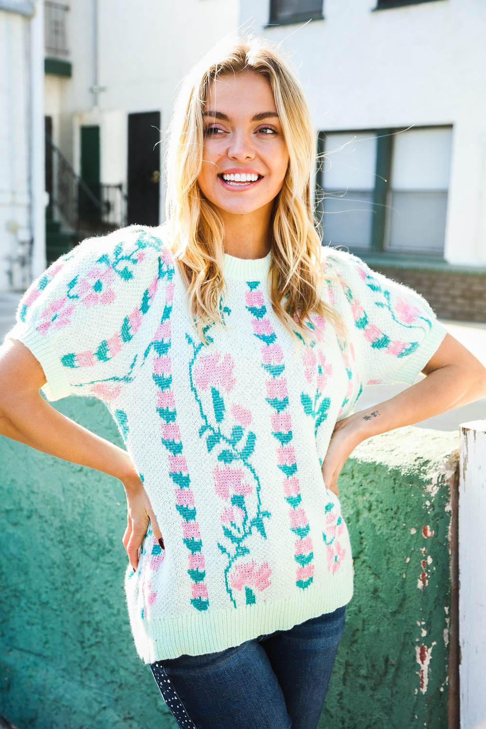 All For Love Mint Jacquard Floral Bubble Sleeve Sweater Top | Women's Fashion Knitwear | Perfect for Date Night & Fall Layering