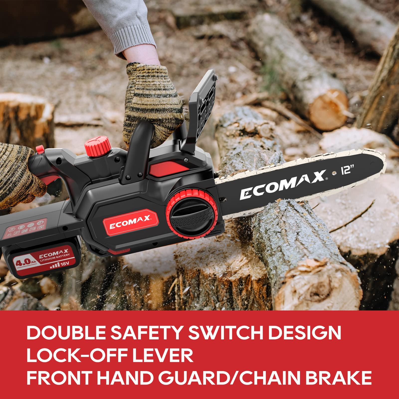 18V Cordless Electric Chainsaw 12-Inch with 4Ah Battery & Fast Charger - Powerful Double Safety Switch for Wood Cutting - Perfect for Farm, Backyard, Garden, Ranch & Tree Trimming (Model ELG05)