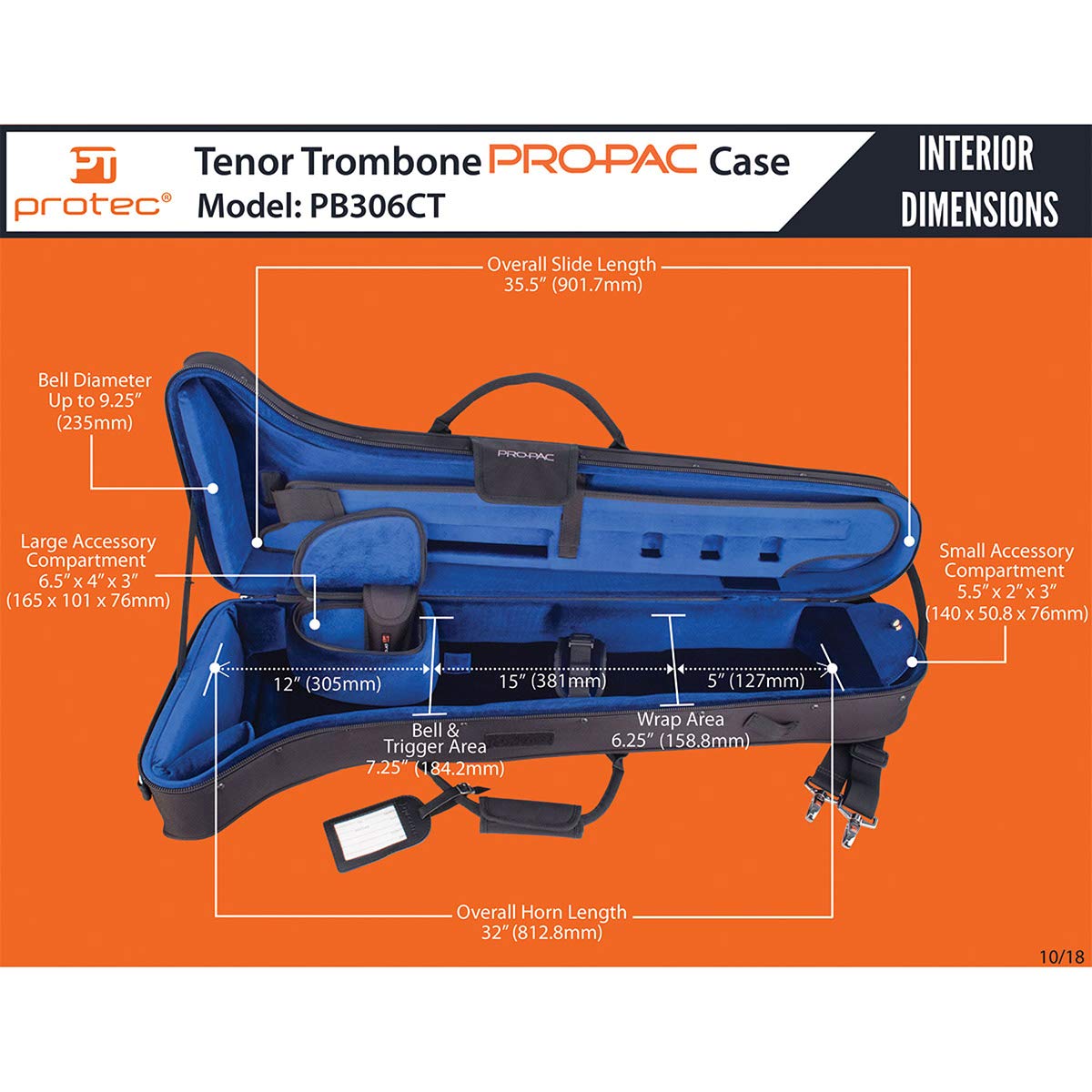 Protec PB306CT Tenor Trombone Case - Black Contoured PRO PAC for Professional Musicians | Durable & Lightweight Protection for School, Marching Band & Travel