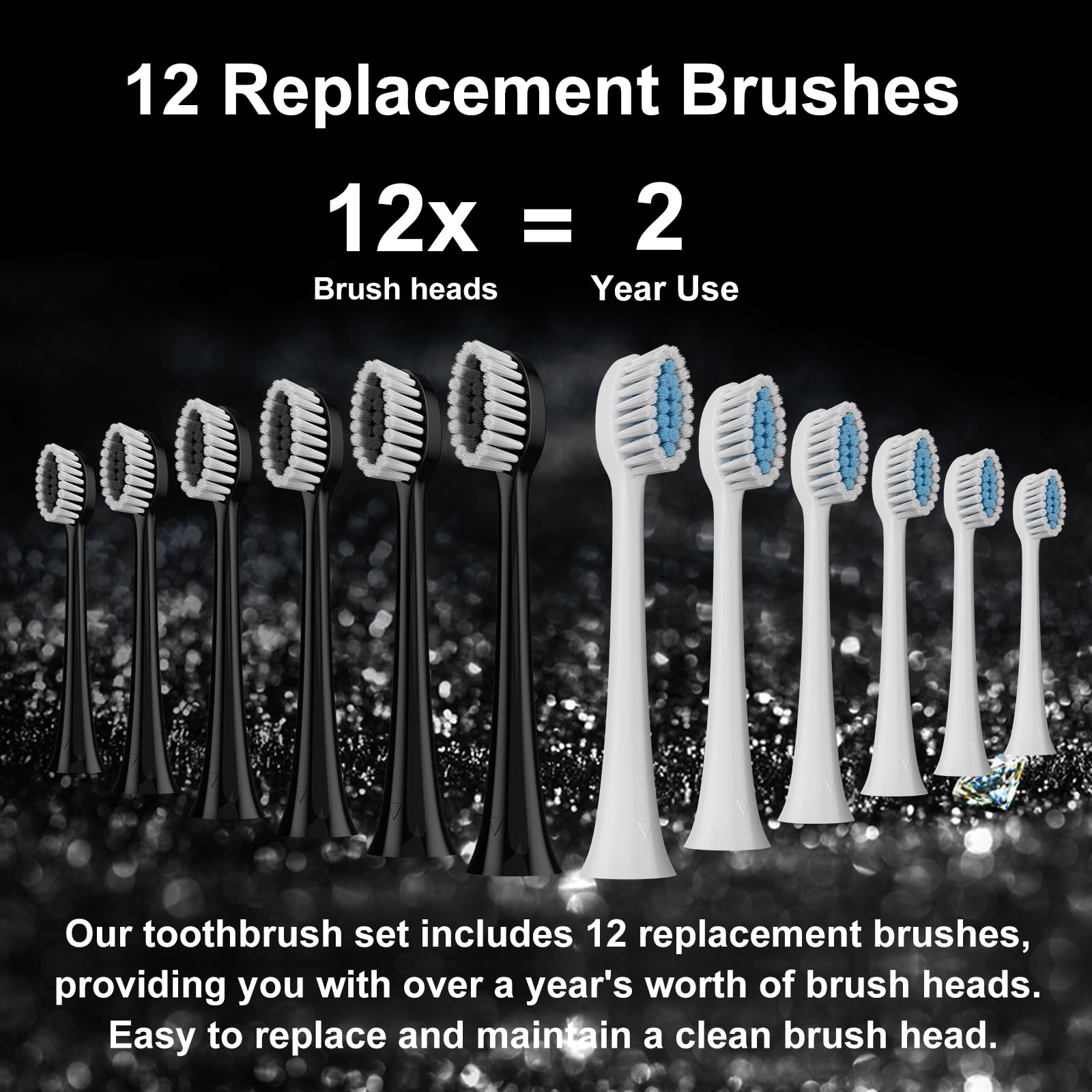 Premium Electric Toothbrush 2 Pack for Adults - 10 Replacement Brush Heads, 2 Holders, 6 Cleaning Modes & Smart Timer - 2 Hour Fast Charge Lasts 60 Days (Black & White) - Perfect for Travel, Home & Family Oral Care