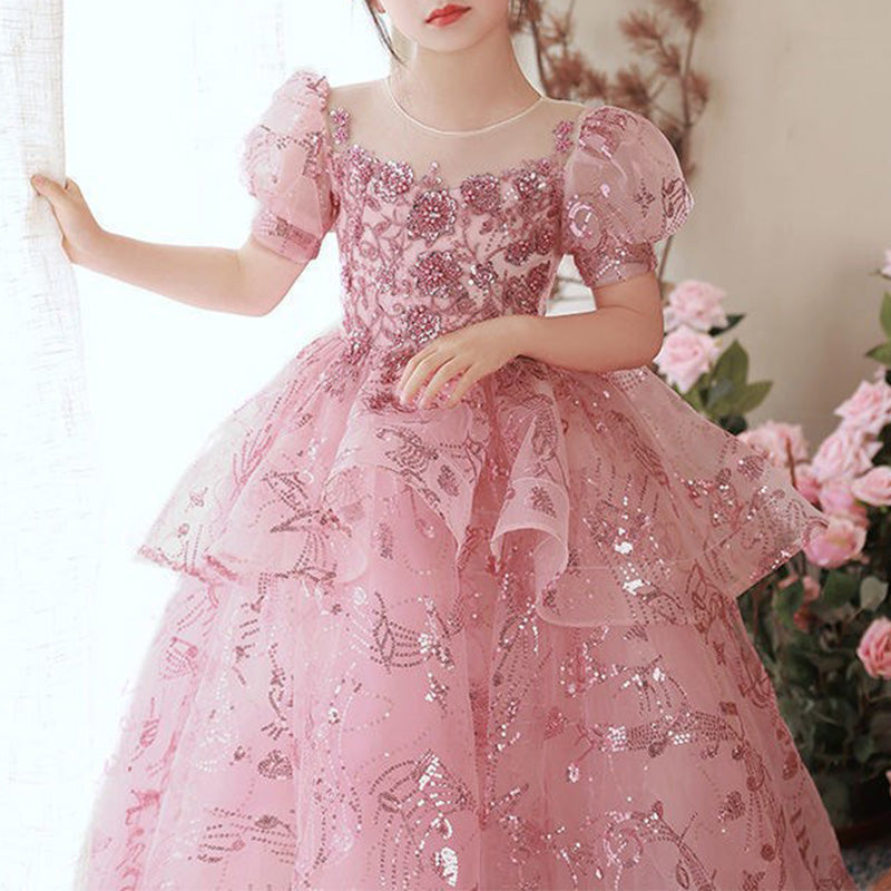 Sparkly Pink Sequin A-Line Flower Girl Dress with Puff Sleeves - Perfect for Weddings, Pageants & Special Occasions