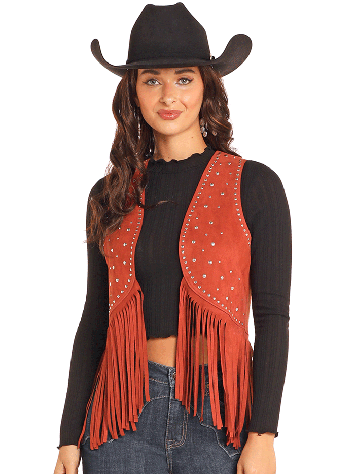 Rock & Roll Denim BW98C04549 RST Women's Studded Fringe Vest in Rust - Stylish Western Biker Jacket for Concerts & Night Out