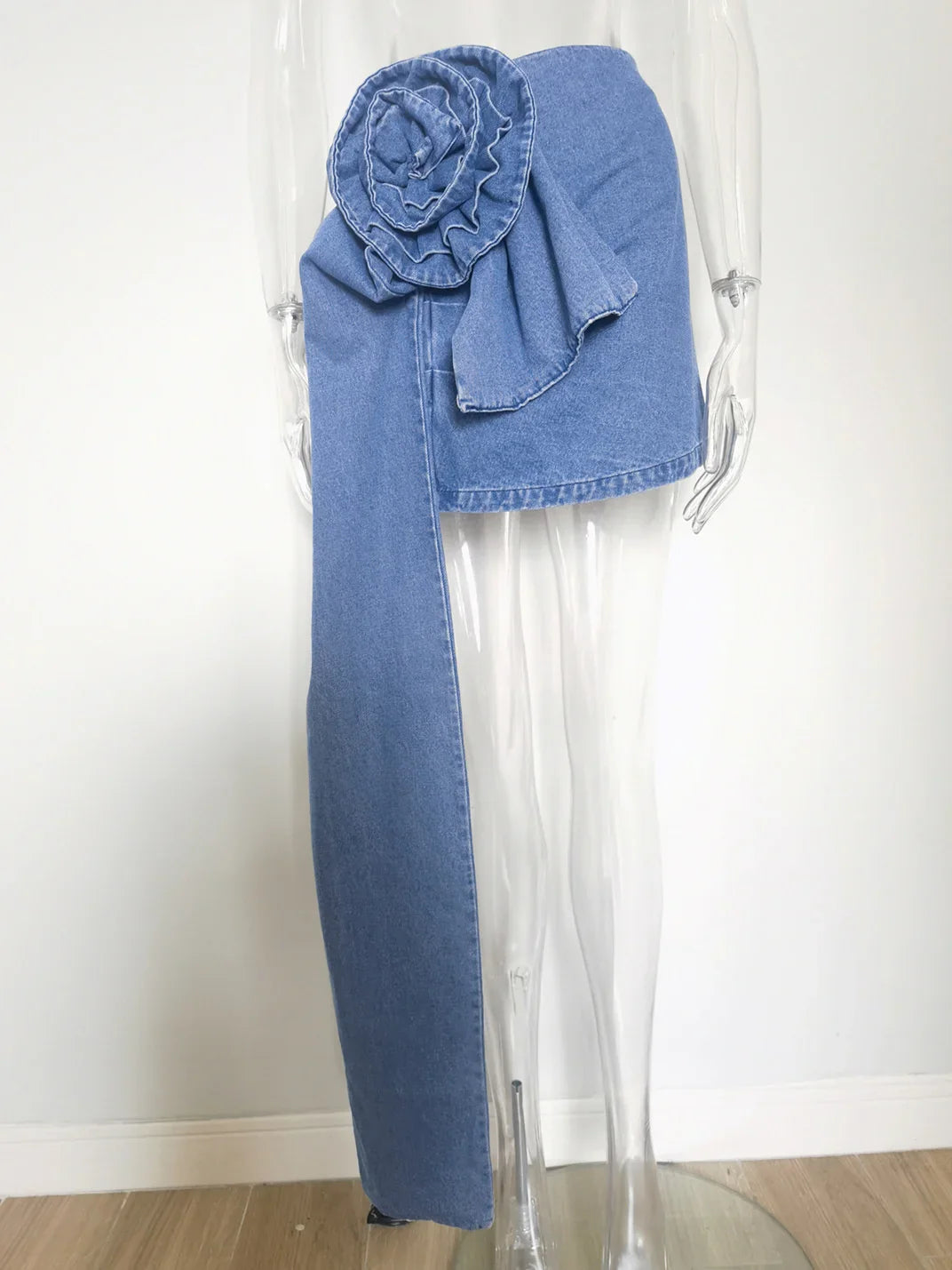 DEAT Fashion Women's High Waist Asymmetric Denim Skirt with 3D Rose Flower - Blue Short Skirt for Summer | Perfect for Casual Outings, Beach Vacations & Date Nights