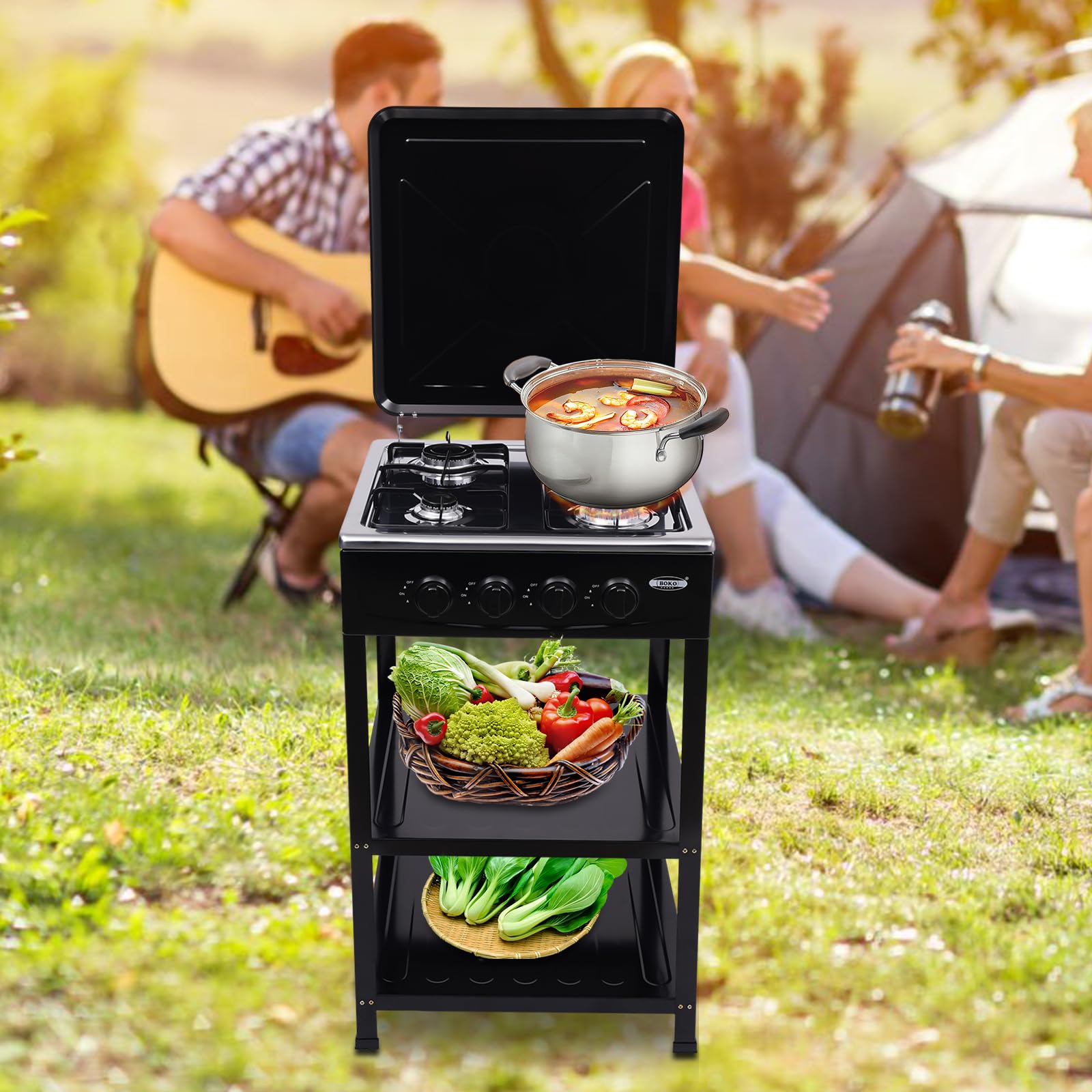 High-Powered 300,000 BTU 4-Burner Portable Propane Gas Stove for Outdoor Cooking - Camping, RV, BBQ, Picnics & Backyard Grilling with Windshield & 2-Tier Storage Rack (Black) - Perfect for Tailgating, Family Gatherings & Emergency Preparedness