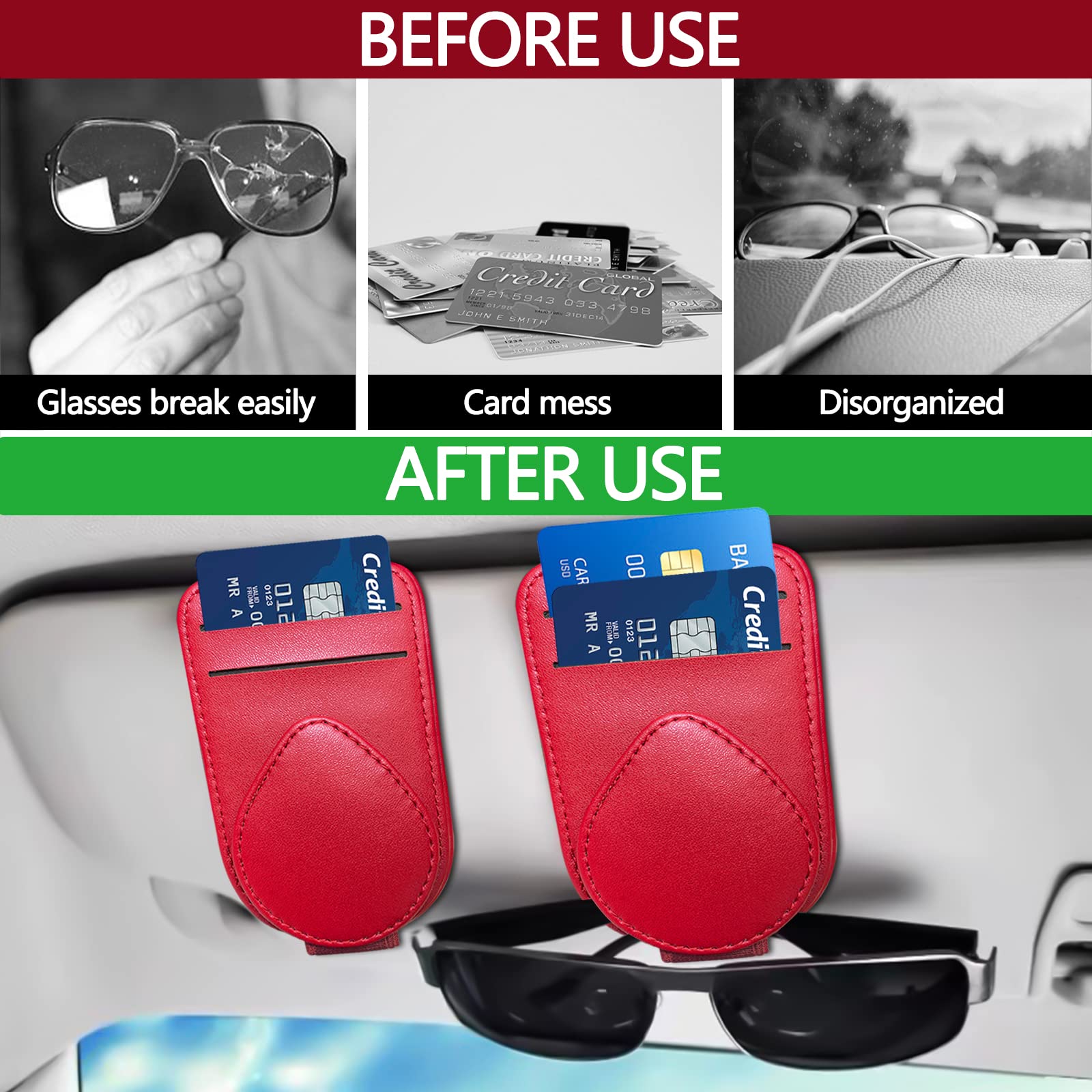 SuperKaKa Car Sunglass Holder - Black Leather Sunglass Clip & Visor Organizer for Men, Women, Girls | Perfect for Road Trips, Commuting & Outdoor Activities