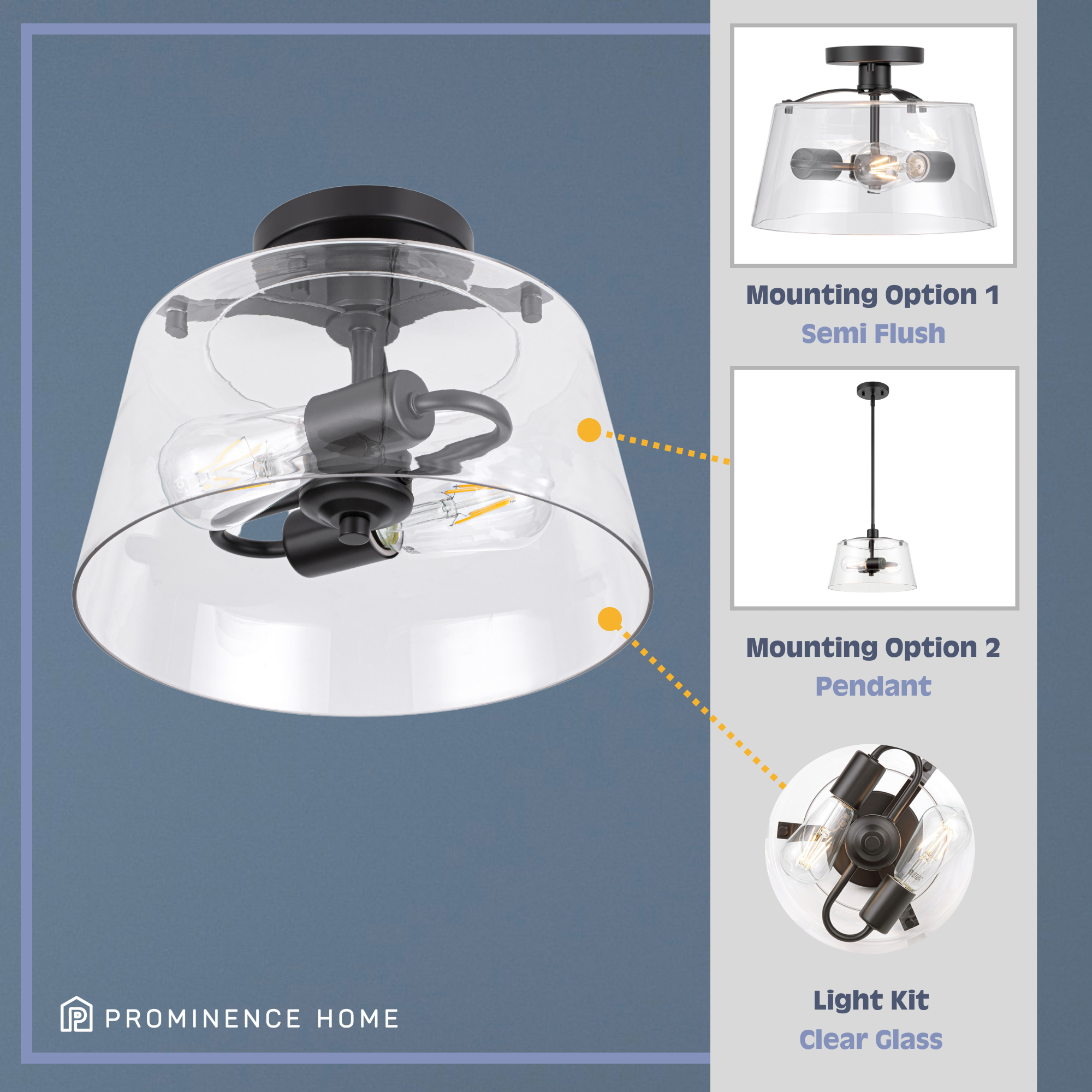 2-Light Fairendale Convertible Pendant/Semi-Flush Mount Ceiling Light Fixture - Matte Black with Clear Glass Shades - Perfect for Dining Room, Kitchen Island or Bedroom Lighting