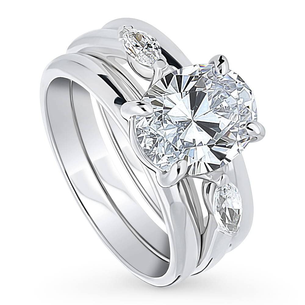 BERRICLE Sterling Silver 3-Stone Oval Cut Cubic Zirconia Engagement Ring Set for Women - 2.5 Carat CZ Wedding Band, Rhodium Plated, Size 4-10 - Perfect for Proposals, Anniversaries & Special Occasions