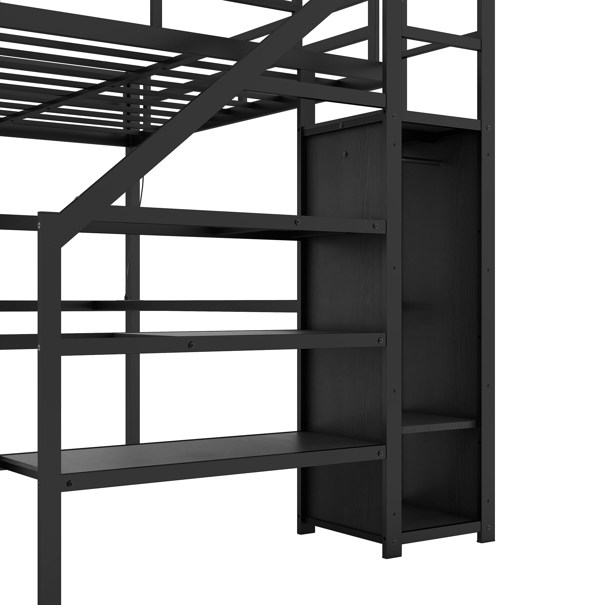Full XL Size Loft Bed with L-Shaped Desk & Wardrobe - Metal Loft Bed Frame with Storage Stairs, Adjustable Shelf & Guardrails - 69