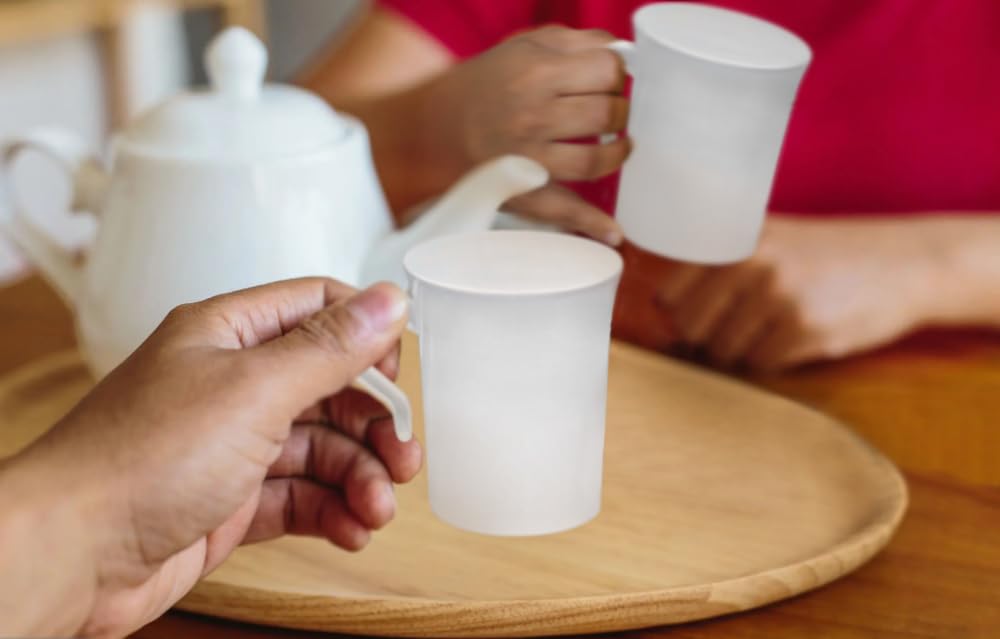 240 Pack Heavyweight Disposable 8 oz Plastic Coffee Cups with Handles - Wedding, Party, Office Use - White Tea Mugs for Cappuccino, Espresso & Hot Beverages