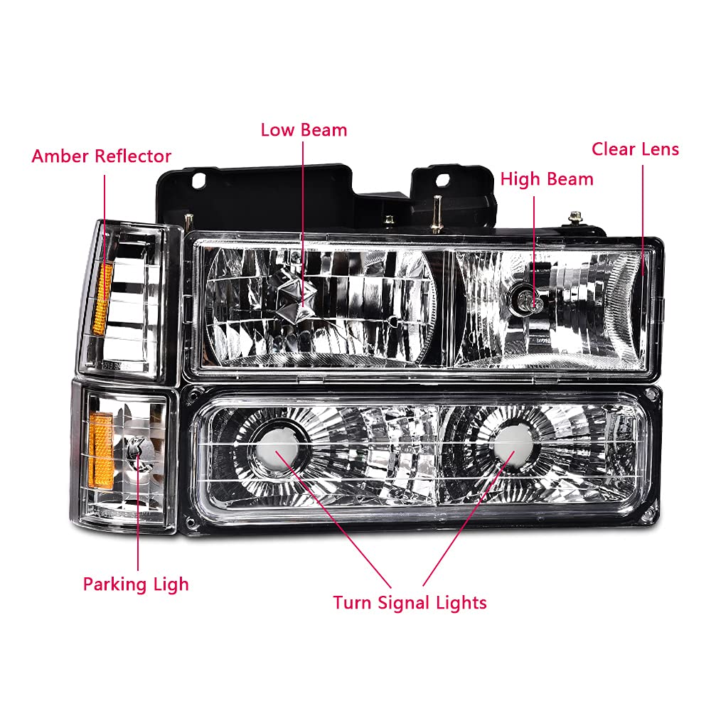 GRAND ORANGE GMC Sierra C/K Yukon 1500 2500 Headlight Assembly (1994-1998) - Compatible with Chevy C/K C10 Suburban - Chrome Bumper Lights, Headlights & Signal Corner Lamps (8-Piece Set) - Perfect for Off-Roading, Night Driving & Vehicle Restoration