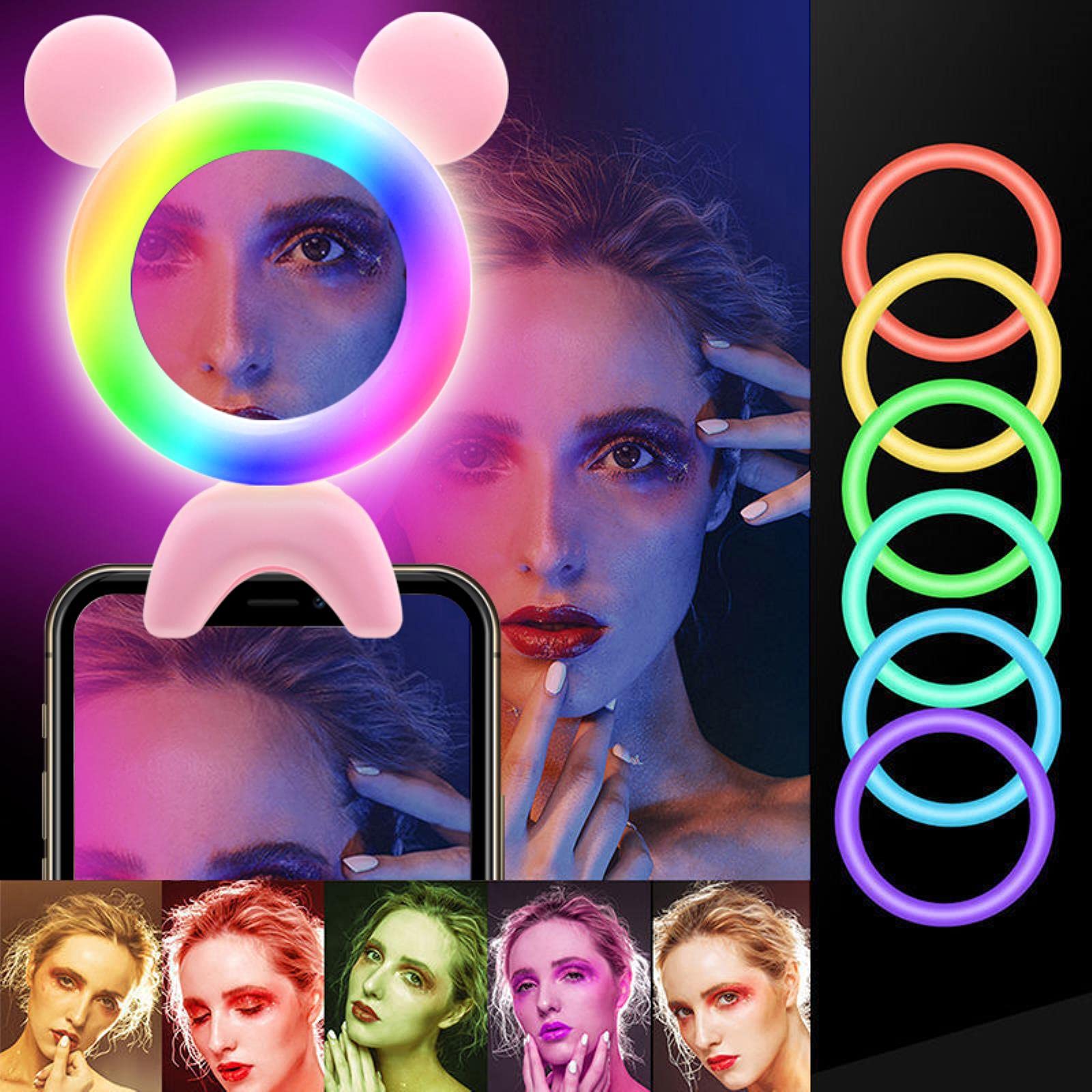 ZHOUSAN 15-Color RGB LED Selfie Ring Light with 360° Rotation & USB Charging for Phone - Perfect for TikTok Videos, YouTube Live Streaming, and Makeup Lighting