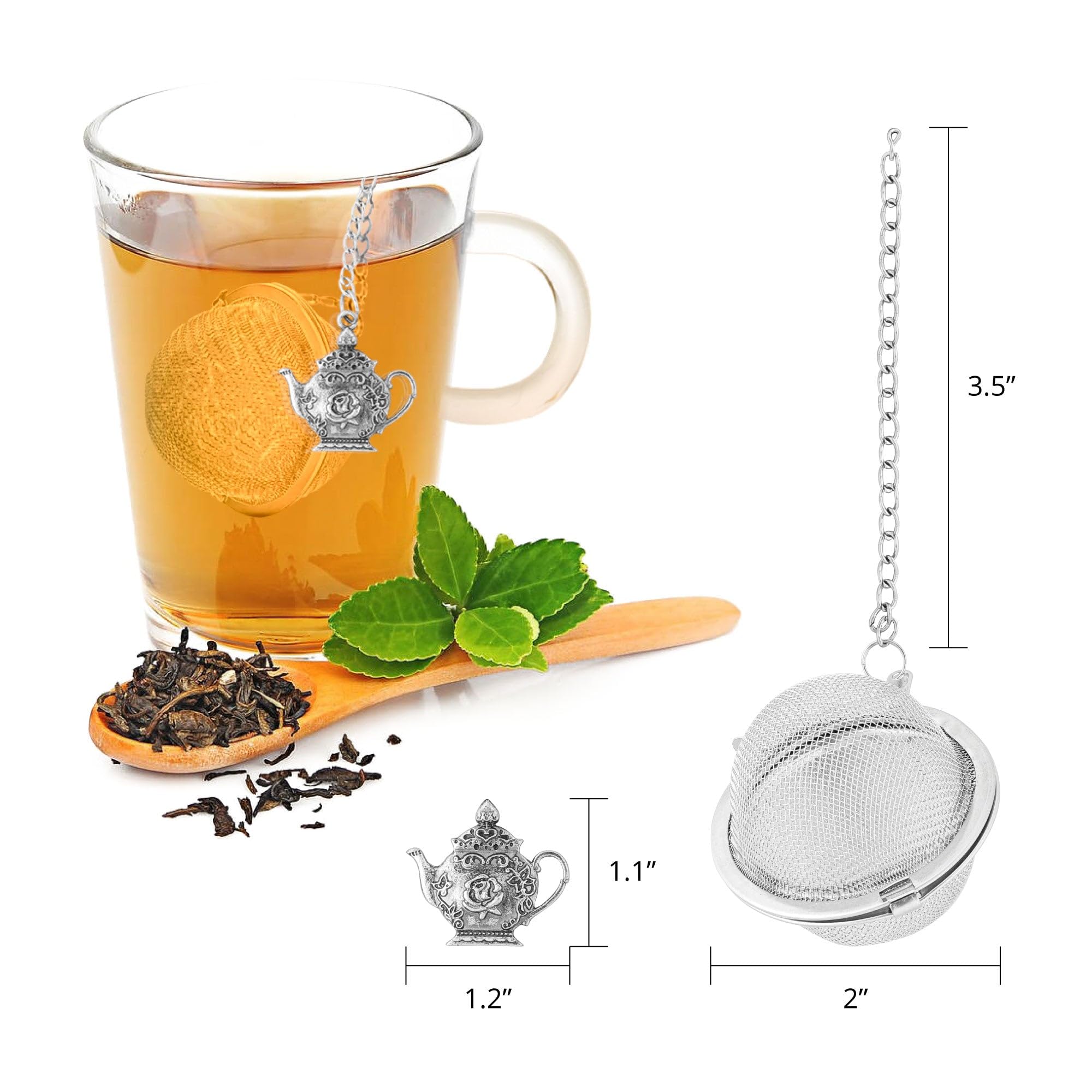 Premium 18/8 Stainless Steel Tea Infuser Ball - 2 Inch Fine Mesh Tea Strainer with Zinc Alloy Teapot Charm - Perfect for Loose Leaf Tea Brewing at Home, Office or Travel - Supreme Housewares Tea Accessory