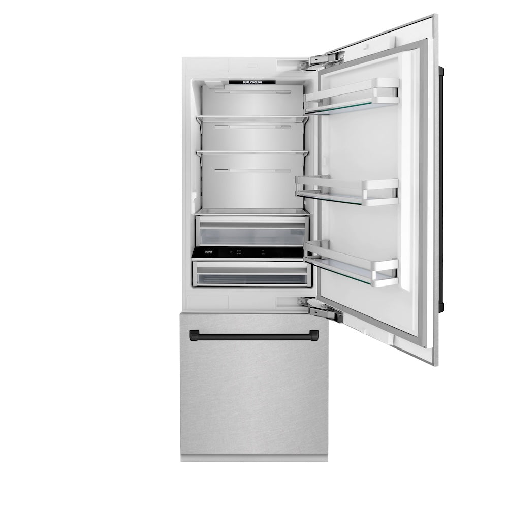 ZLINE Autograph Edition 30 Inch Built-In Bottom Freezer Refrigerator - 16.1 cu ft Capacity, Water Dispenser & Ice Maker - Satin Stainless Steel with Matte Black Accents (RBIVZ SN 30 MB) - Perfect for Modern Kitchens, Open Concept Homes & Luxury Appliances Collection